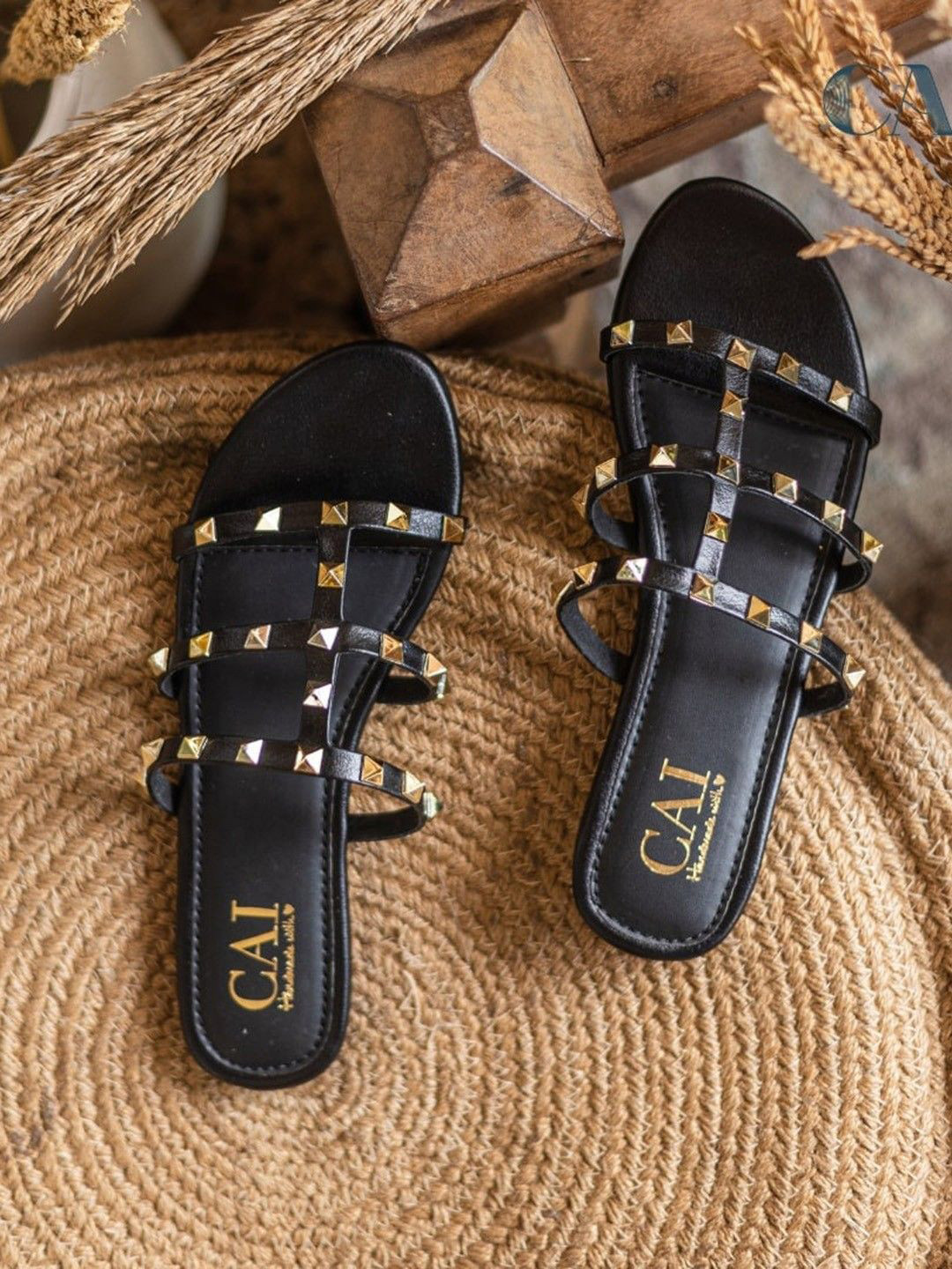 CAI Women Studded Slide Black Sandals
