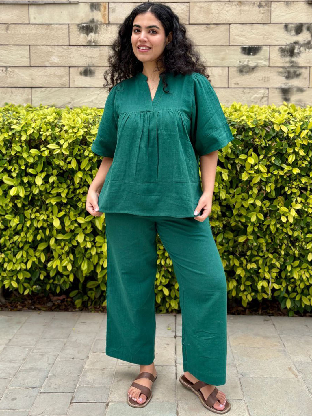 Minimul Emerald Gauze V-Neck Pure Cotton Jhabla Set