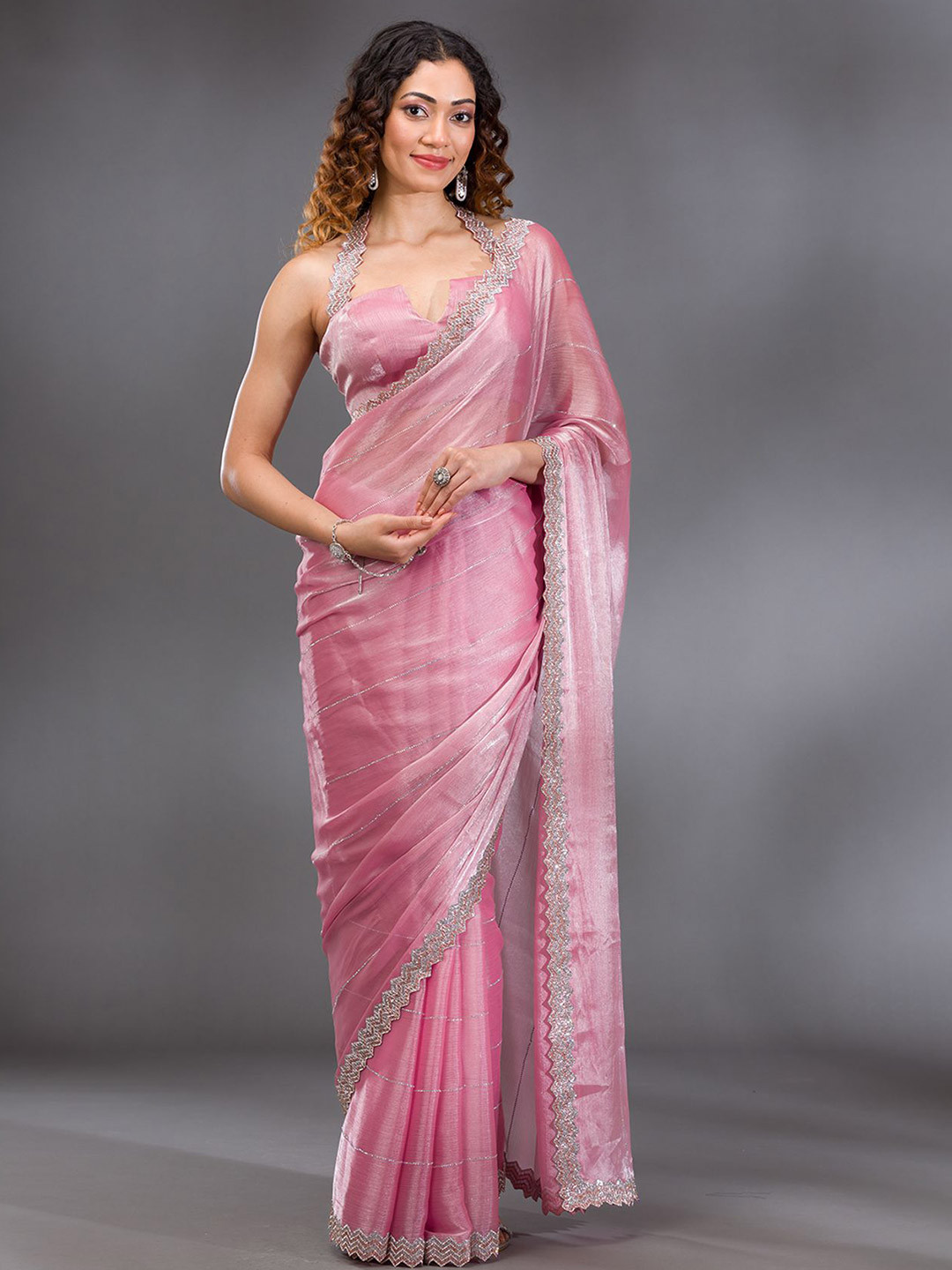 Koskii Embellished Onion Pink Silver Stone work Satin Saree