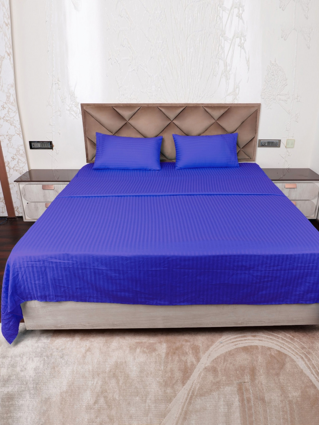 AJISH Navy Blue Striped Cotton Breathable 300 TC Single Fine Bedsheet with a Pillow Cover-137 x 228 cm
