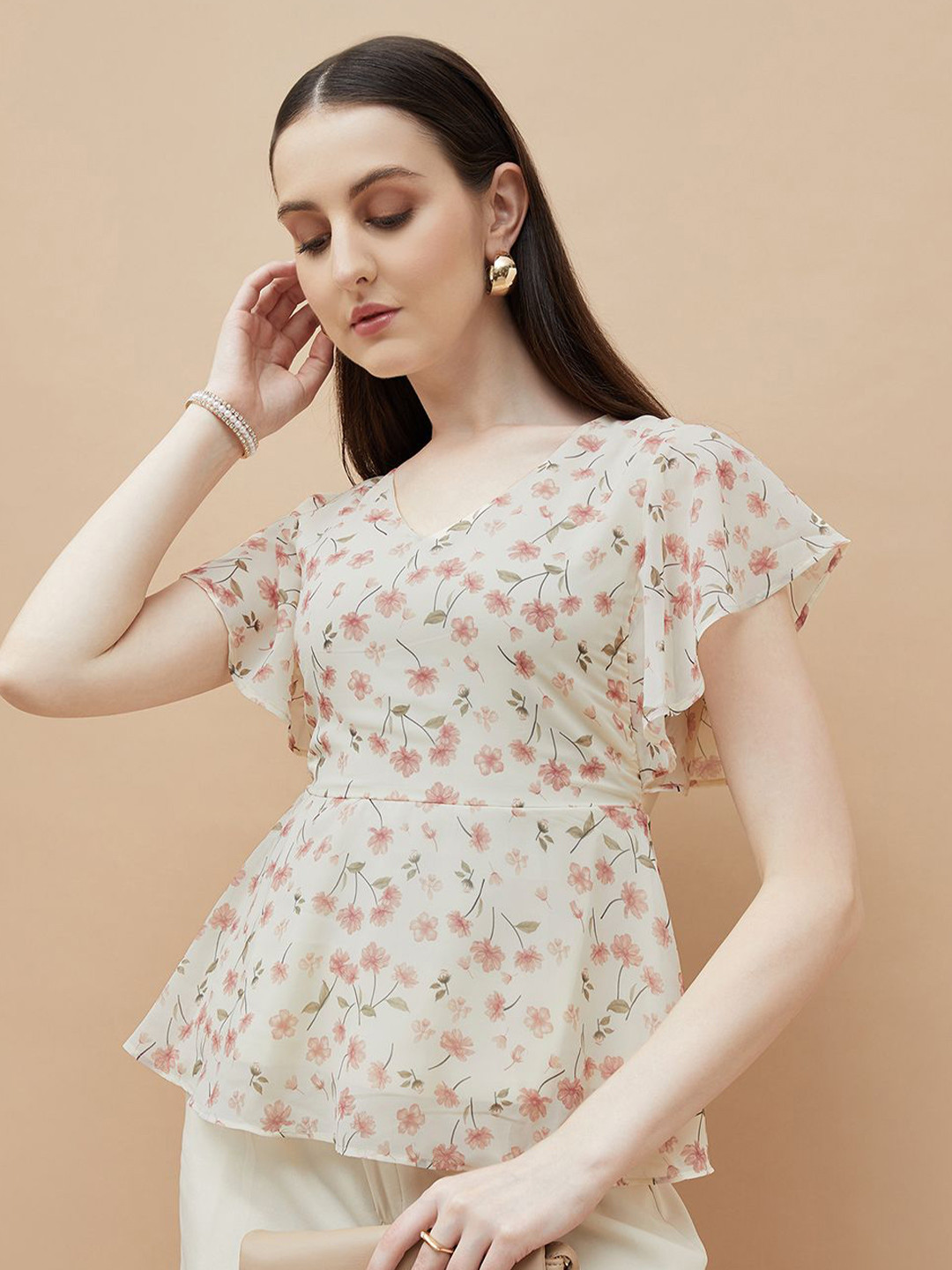 CODE by Lifestyle Floral Print Flutter Sleeve Wrap Top