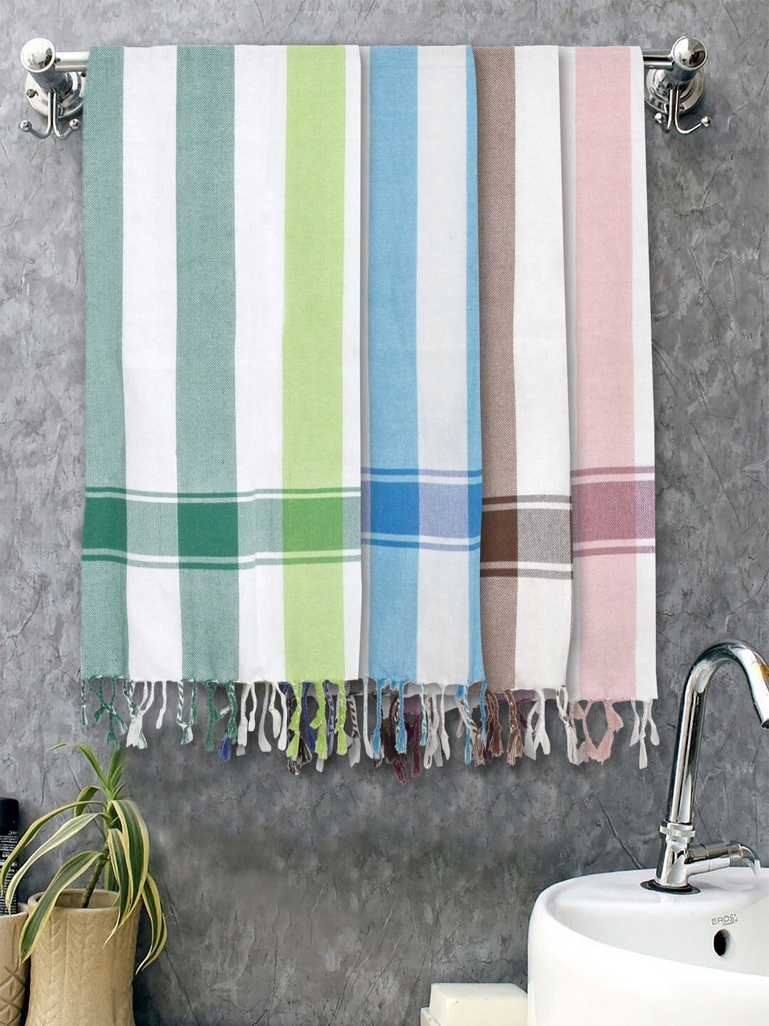FABINALIV Set of 4 White & Green Striped Printed 225 GSM Cotton Bath Towels
