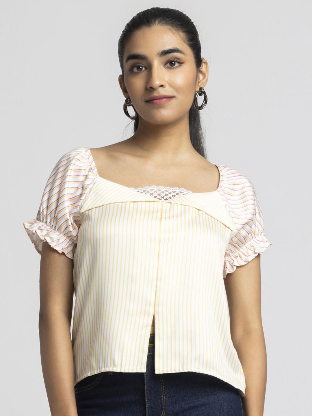 SHAYE Print Puff Sleeve Satin Blouson Crop Top