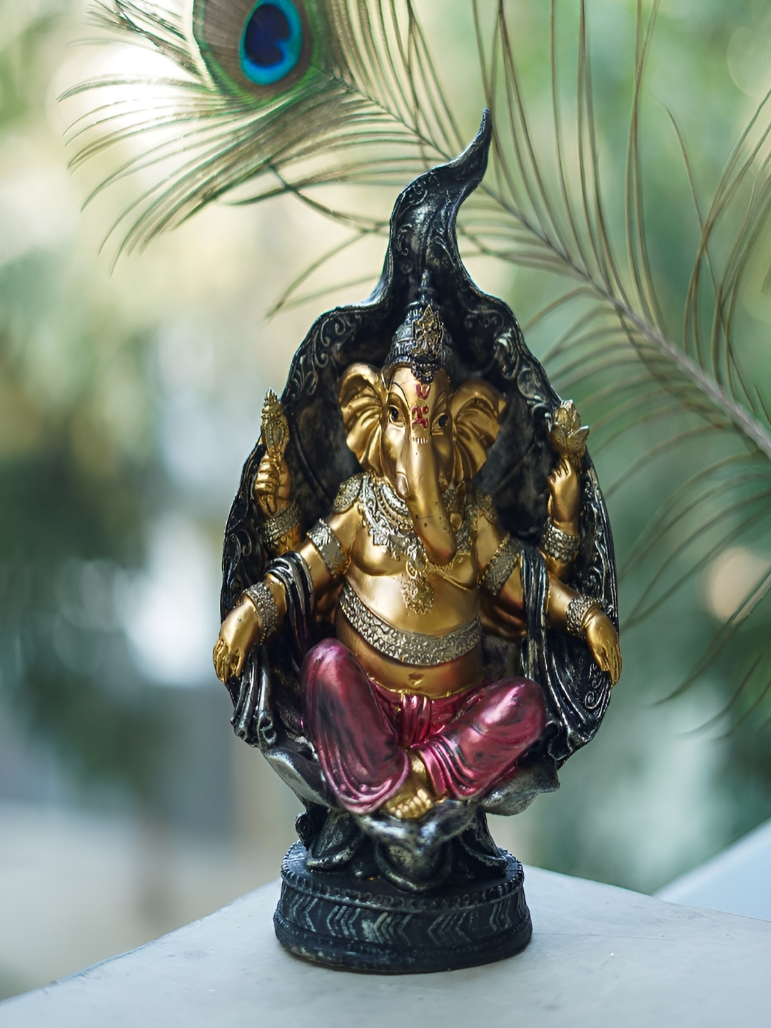 Craftlayout Sitting on Shankh Lord Ganesha Gold Polyresin Natural Prayer Room Large Showpiece - 10.2 Inches