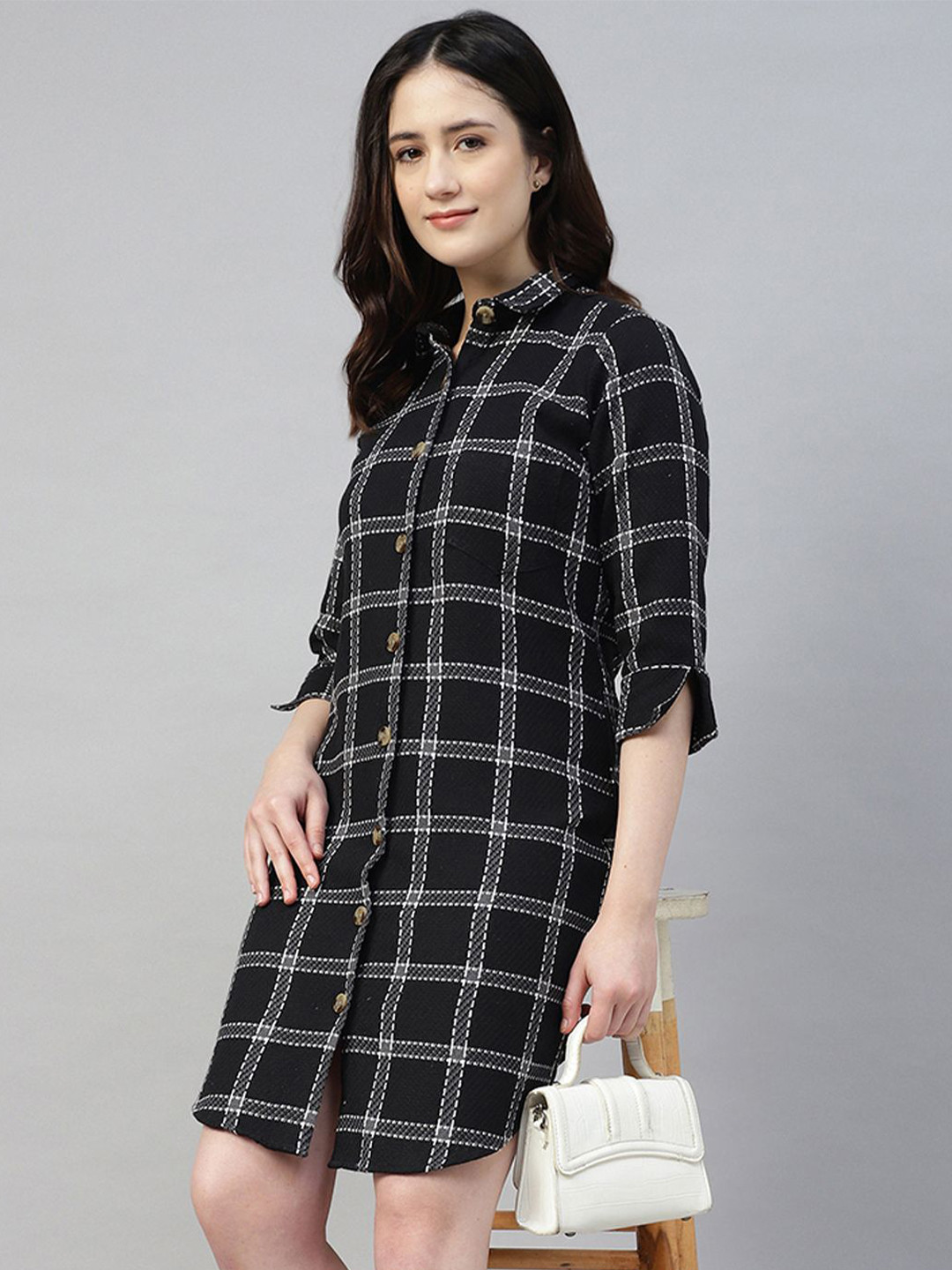 English Navy  Women  Pure Cotton Checked Formal Shirt Dress