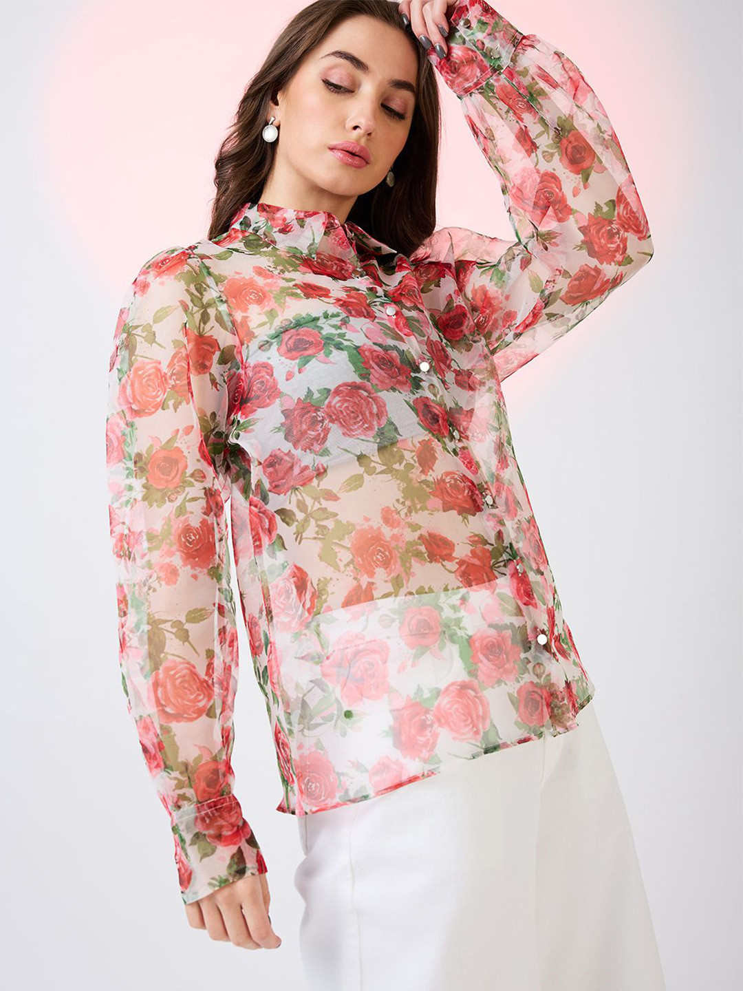 Globus Collared Neck Cuffed Sleeves Floral Print Organza Shirt Style Party Top
