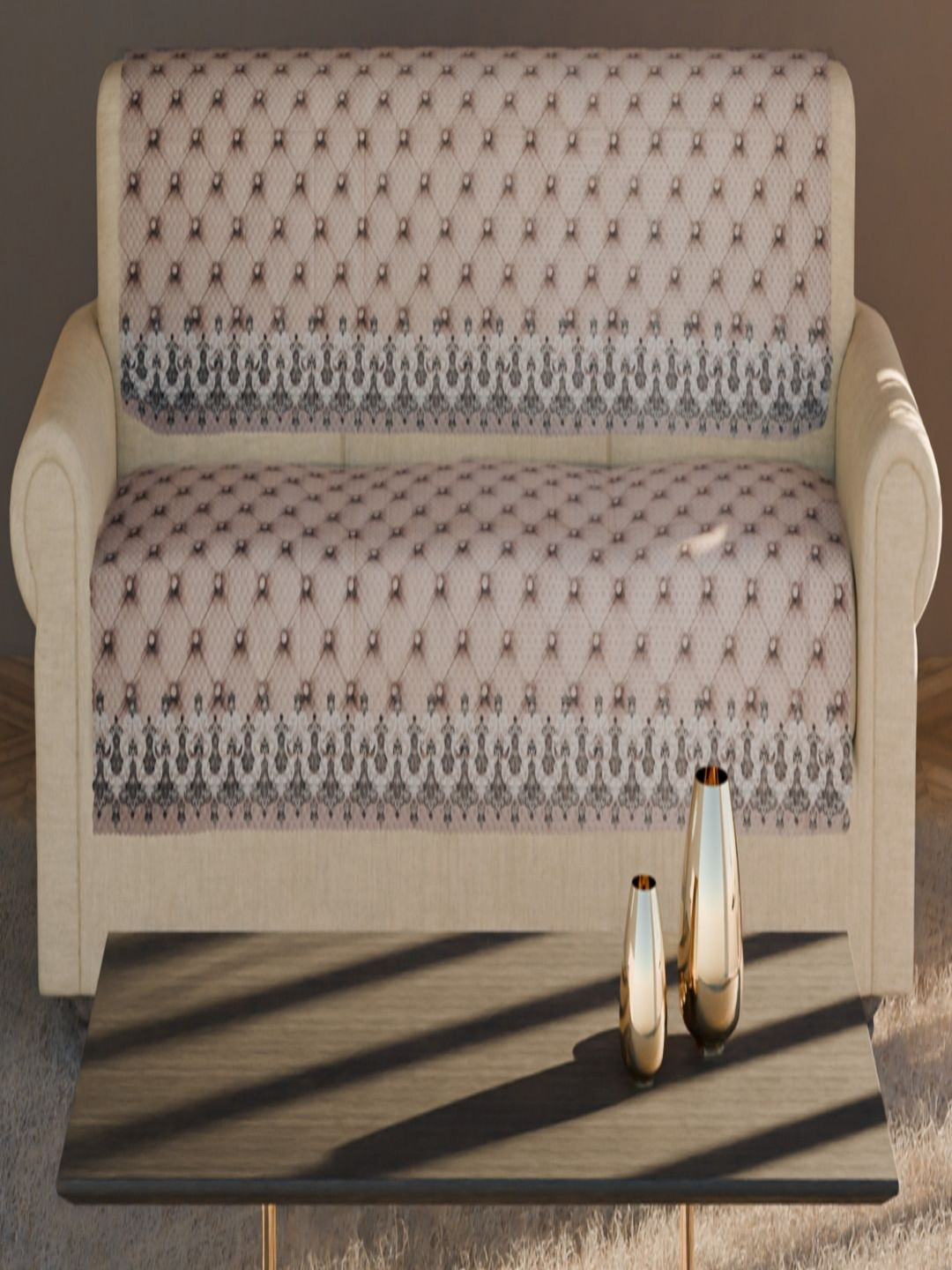 Fashion Throw Beige & Off white 2 Pieces Printed Velvet 3 Seater Sofa Covers