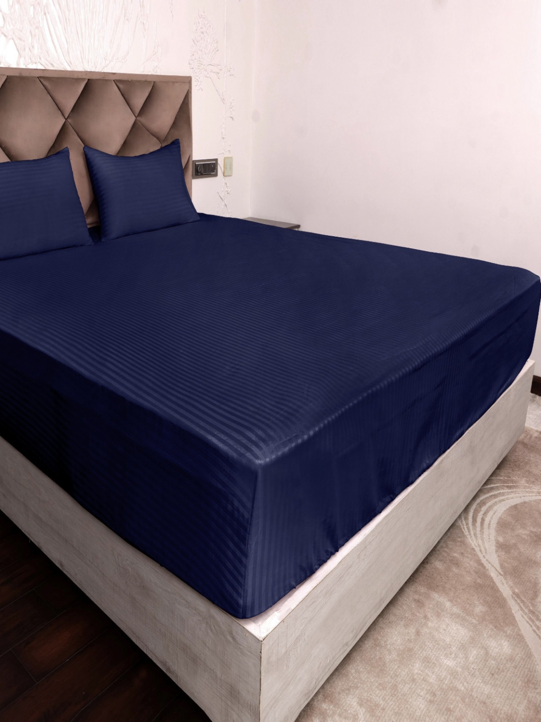 AJISH Blue Striped Cotton Breathable 300 TC Fitted Queen Fine Bedsheet with 2 Pillow Covers-152 x 198 cm