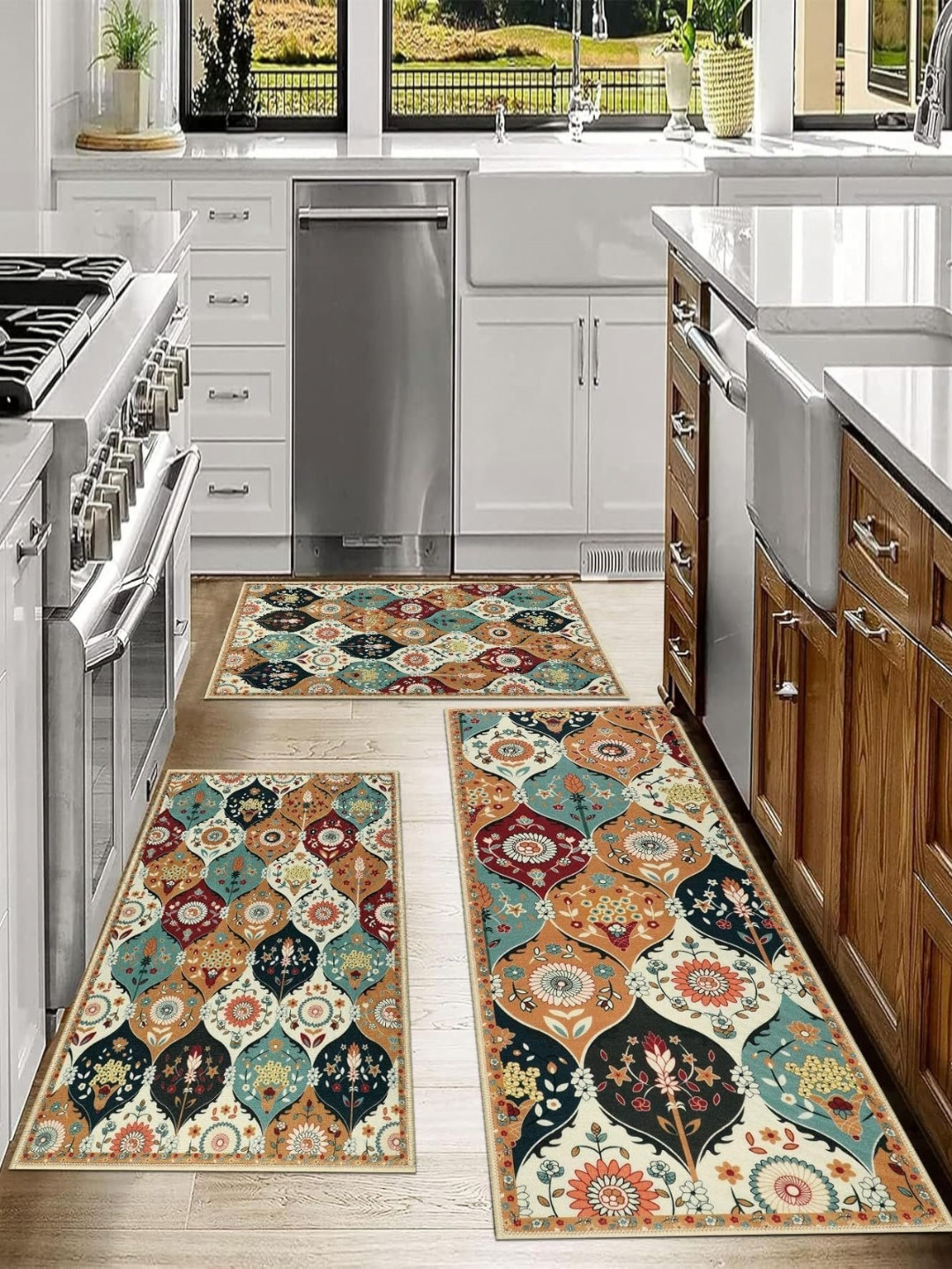 Deoxys Beige & Brown 3 Pieces Floral Printed Anti-Skid Kitchen Mats