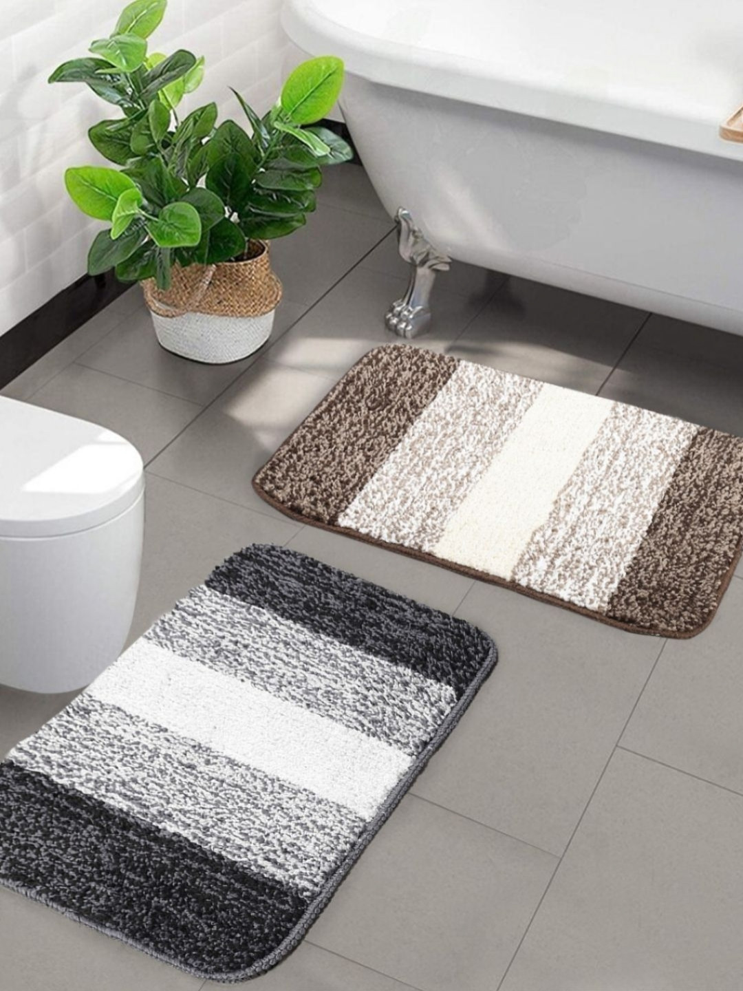 Saral Home Black & Brown 2 Pieces Striped Microfibre 550 GSM Anti-Skid Bath Rugs