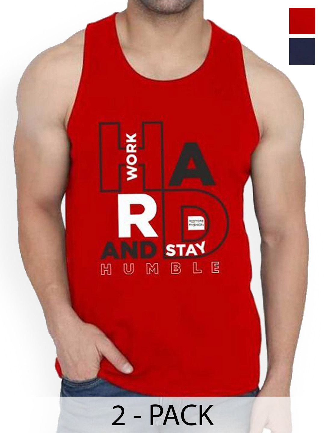 Woostro Men Pack Of 2 Printed Gym Vests RS26 CMB (MORE NAVY) (HARD RED)