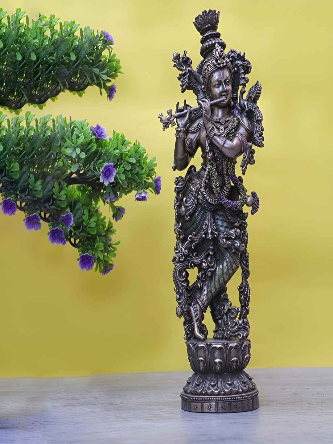 Craftlayout Lord Krishna Playing Flute Metallic Polyresin Glossy Prayer Room Large Showpiece - 14.5 Inches