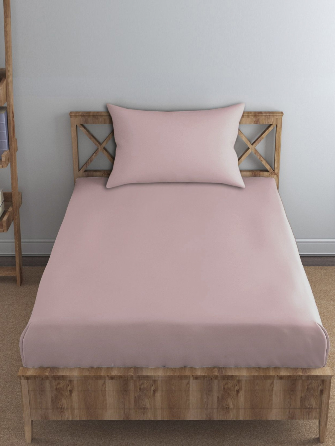 Trance Home Linen Rose Solid Cotton 300 TC Fitted Single Fine Bedsheet with a Pillow Cover-198 x 92 cm