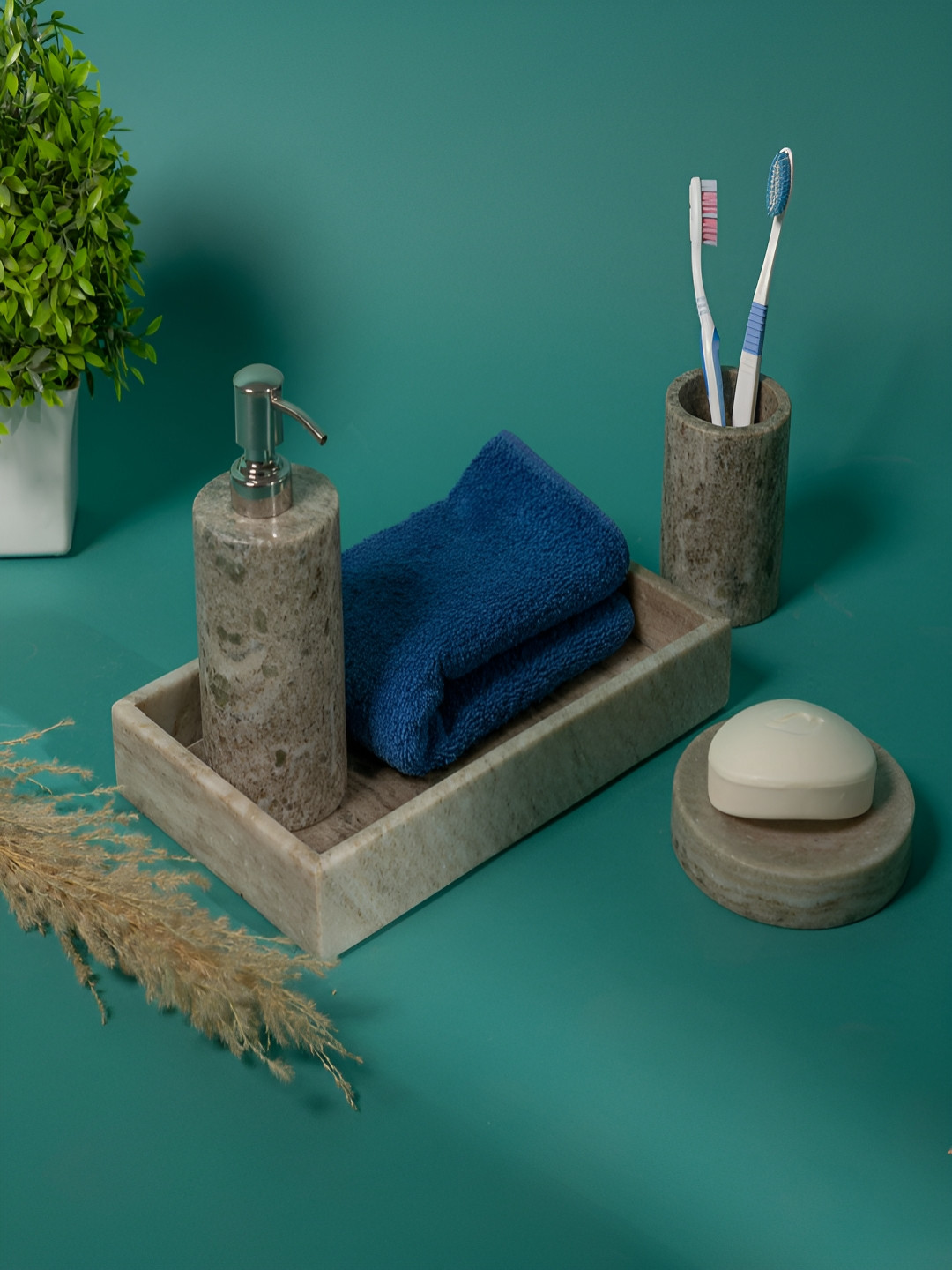 THREADVIBE LIVING Brown & Black 4 Pieces Abstract Marble Bath Accessories