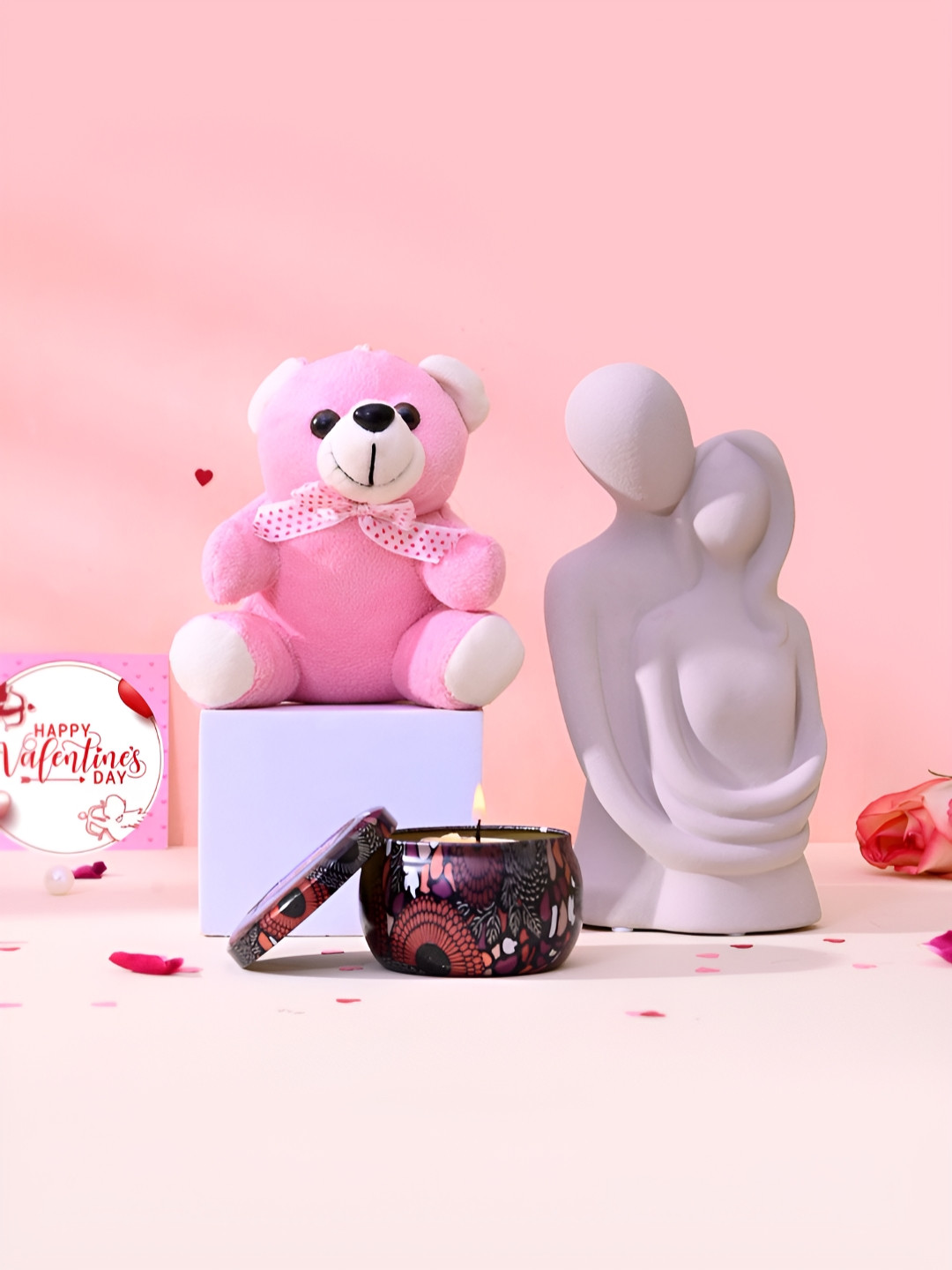 TAYHAA Pink And White 3 Pieces Love Statue Showpiece With Candle And Teddy Gift Set