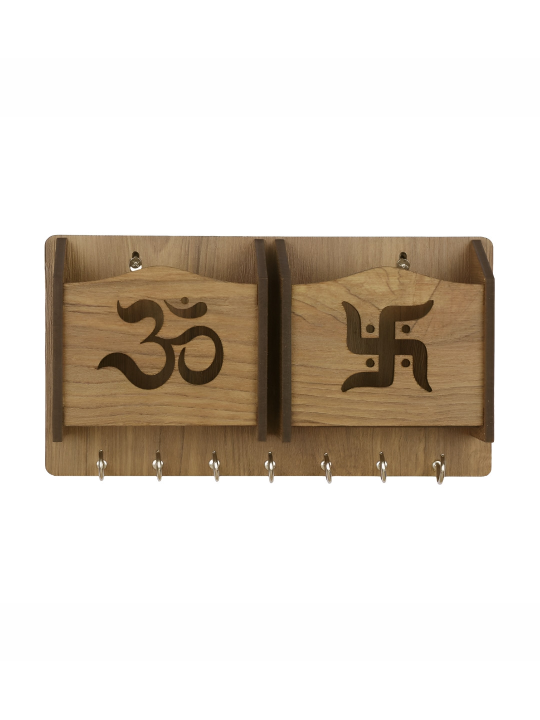 SEHAZ ARTWORKS Brown Om-Swastik 7 Hooks Wooden Key Holder