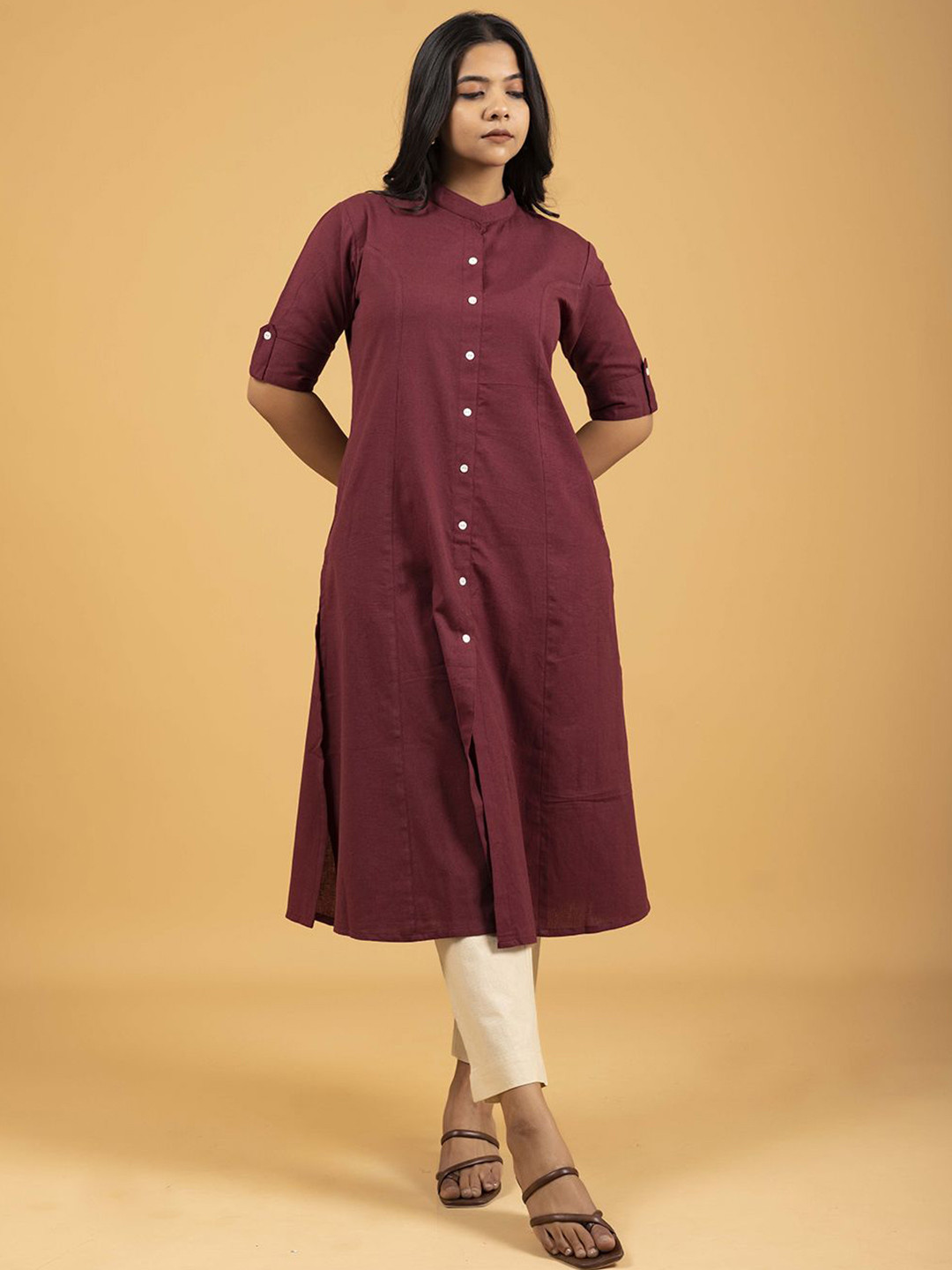 SPARSA Mandarin Collar Panelled Pure Cotton A-Line Kurta