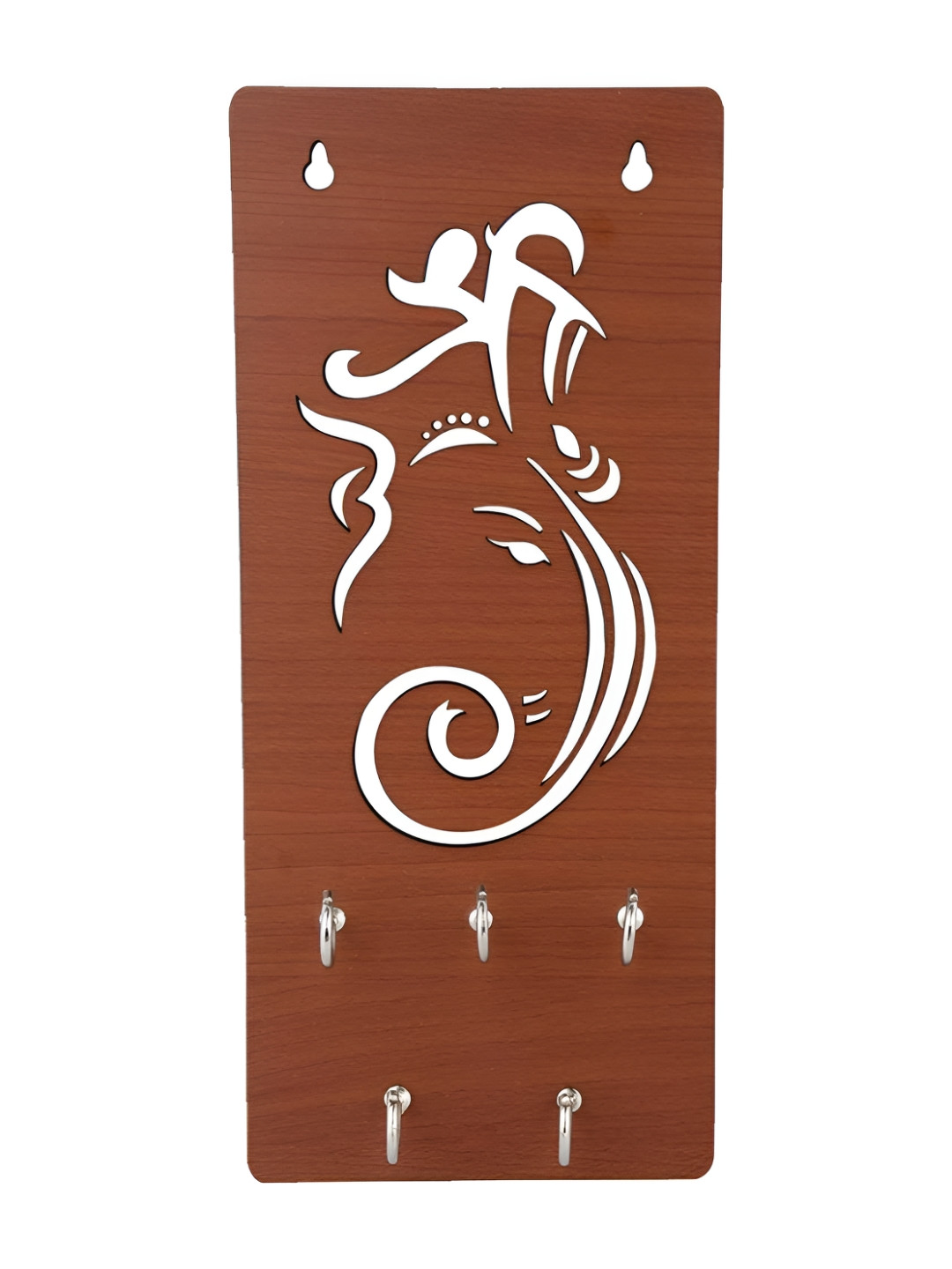SEHAZ ARTWORKS Brown & Silver-Toned Shree Ganesha Wooden 5 Hooks Wall Key Holder