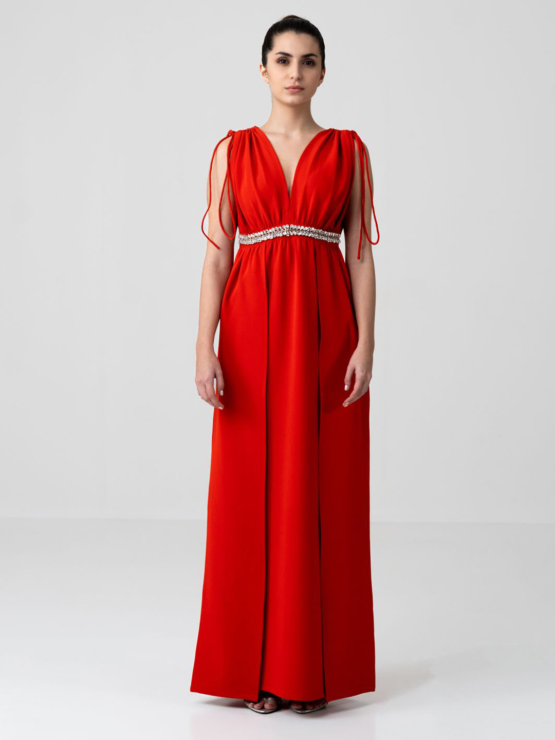 SOTBELLA Women Red Embellished V-Neck Maxi Dress