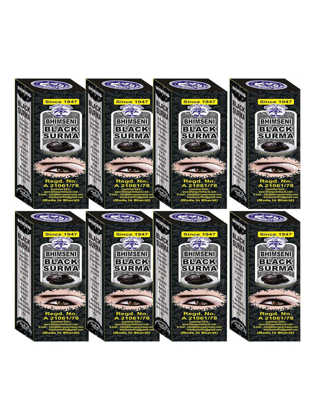 Bhimseni Karyalay Set Of 8 Black Smudge Proof Surma With Triphala Bhasm- 0.72 g Each