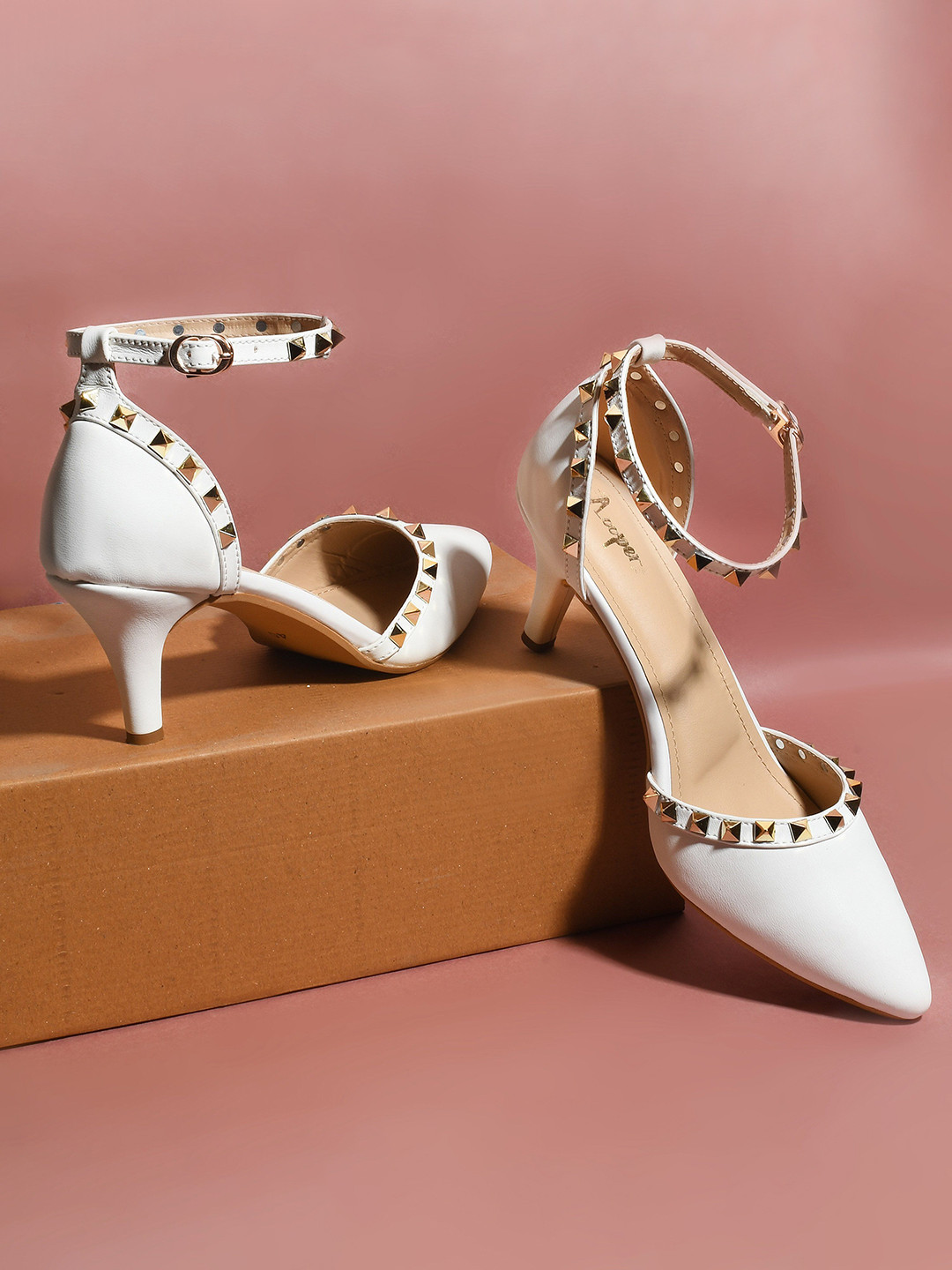Looper Women Pointed White Throne Pumps with Ankle Strap