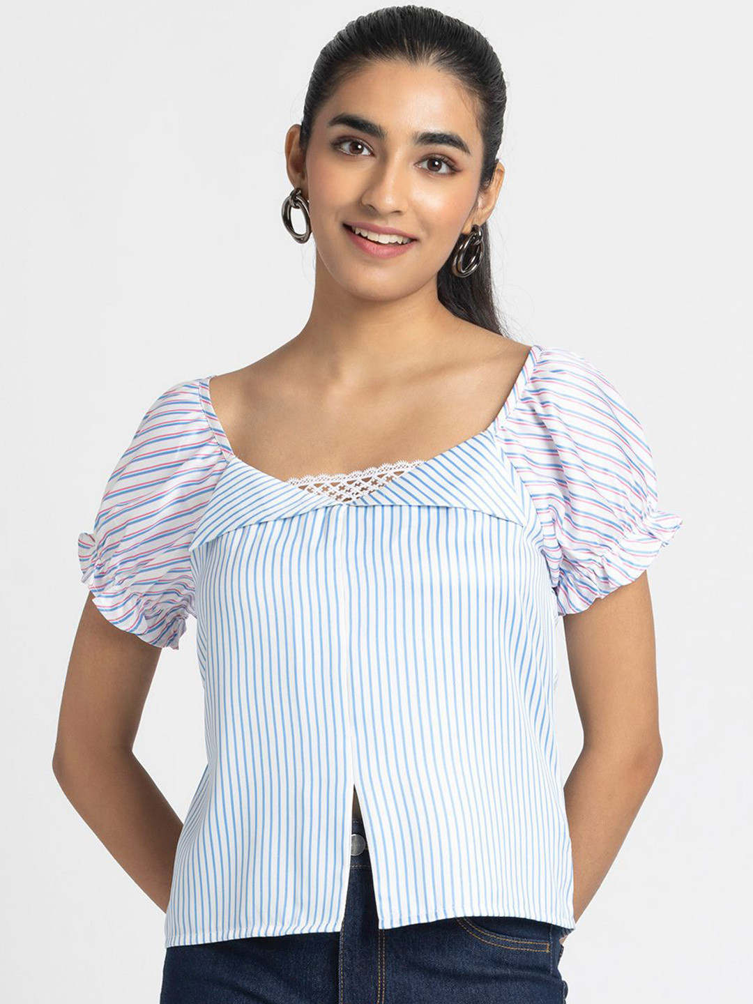 SHAYE Print Puff Sleeve Satin Blouson Crop Top