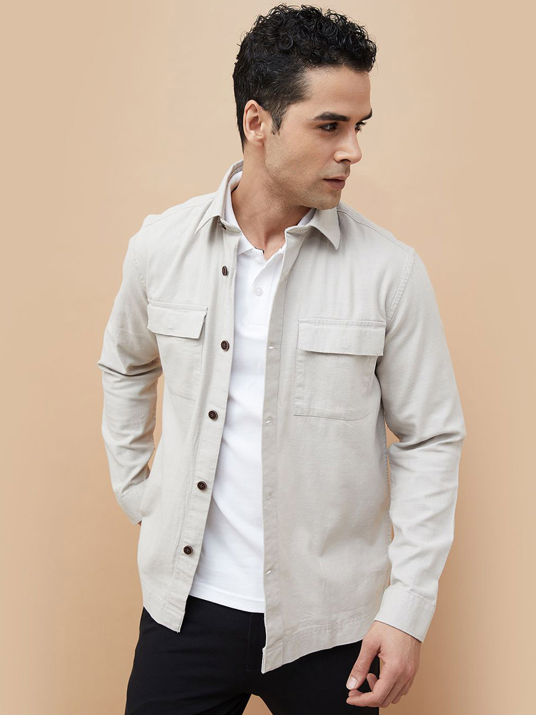 CODE by Lifestyle Men Spread Collar Solid Cotton Casual Shacket