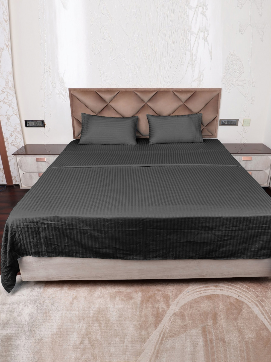AJISH Grey Striped Cotton Breathable 300 TC Single Fine Bedsheet with a Pillow Cover-137 x 228 cm