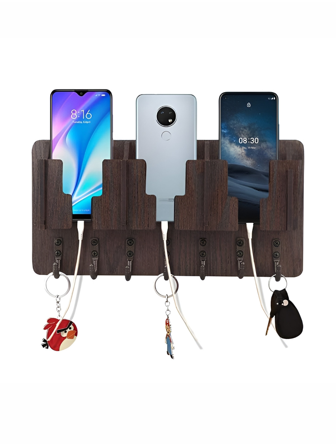 SEHAZ ARTWORKS Brown Wooden 7 Hooks Wall Mounted Key Holder & Mobile Holder