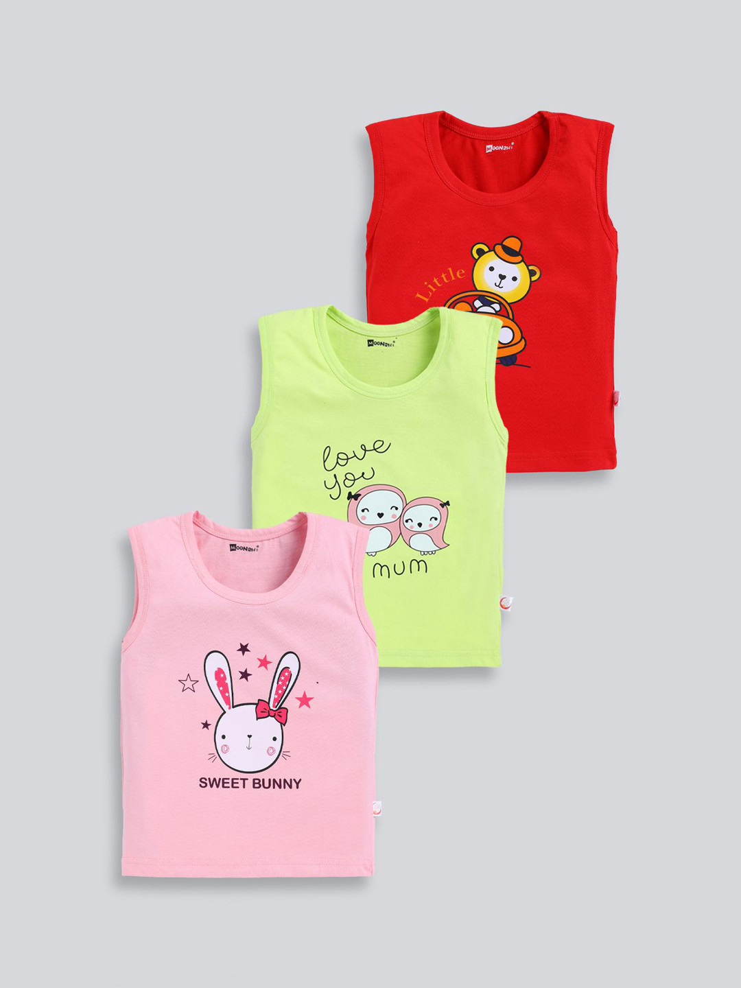 MoonKids Kids Pack Of 3 Printed Cotton Basic Vests