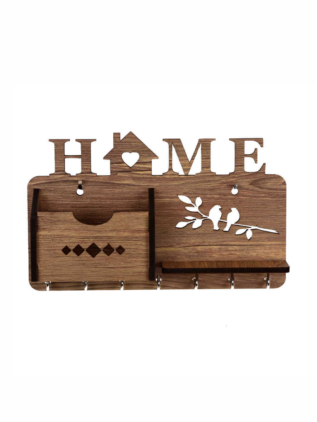 SEHAZ ARTWORKS Brown Home Side Shelf Wooden 7-Hooks Key Holder