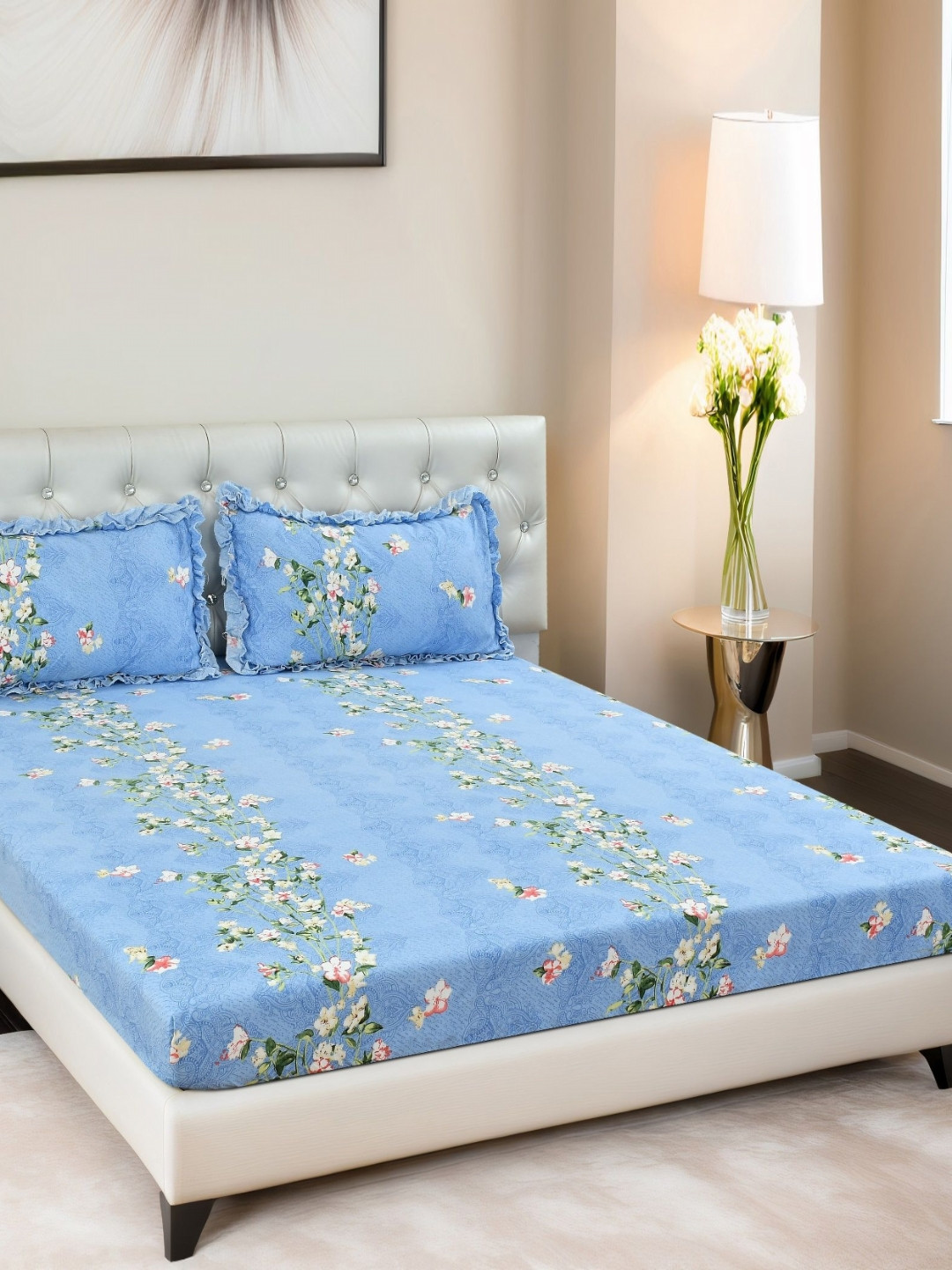 Innovative Edge Blue Floral Polycotton 160 TC Fitted King Superfine Bedsheet with 2 Pillow Covers-182.88 x 198.12 cm