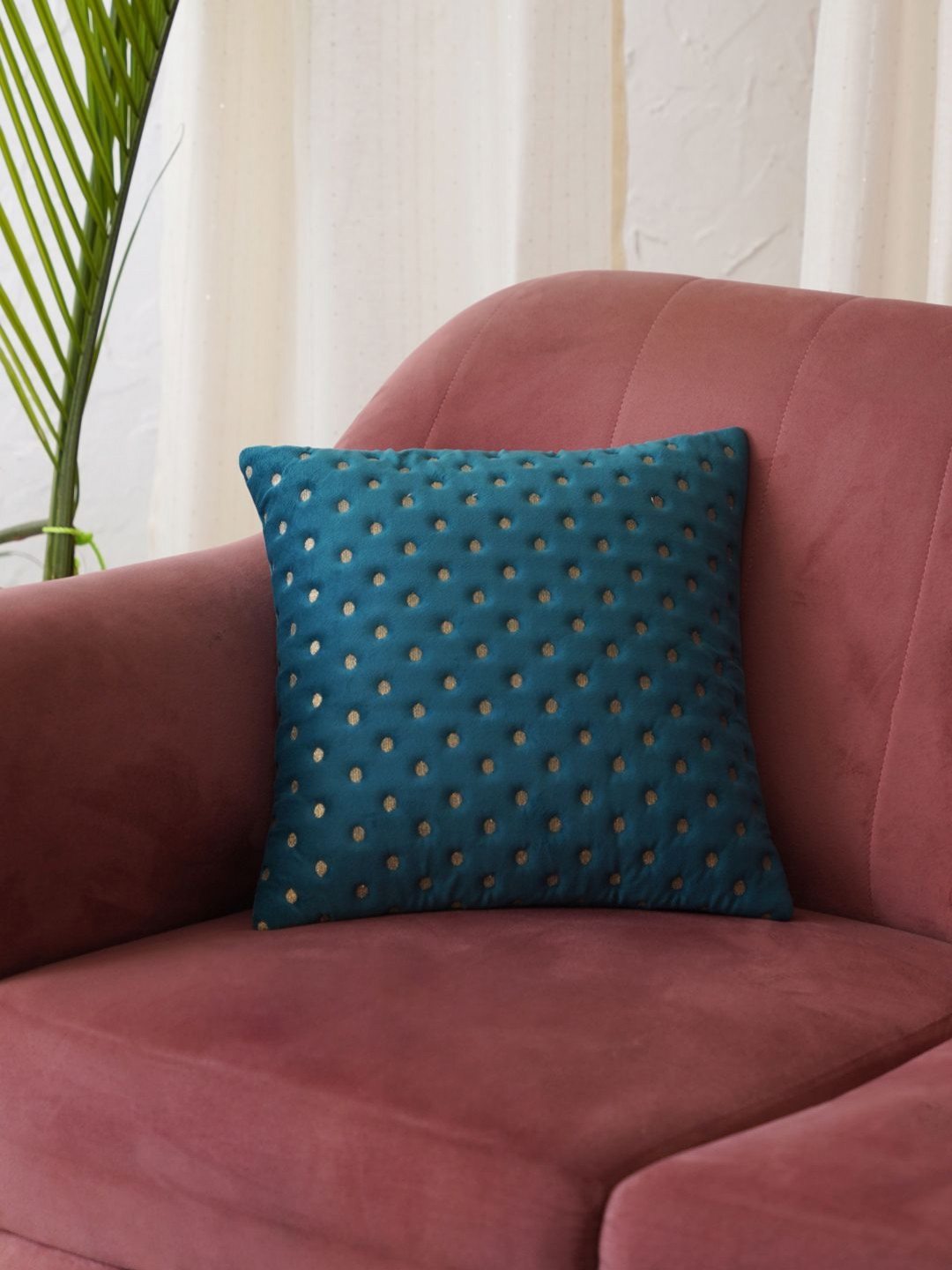 HOME 360 Teal Geometric Velvet Quilted Embroidered Square Cushion Cover -15.7x15.7In