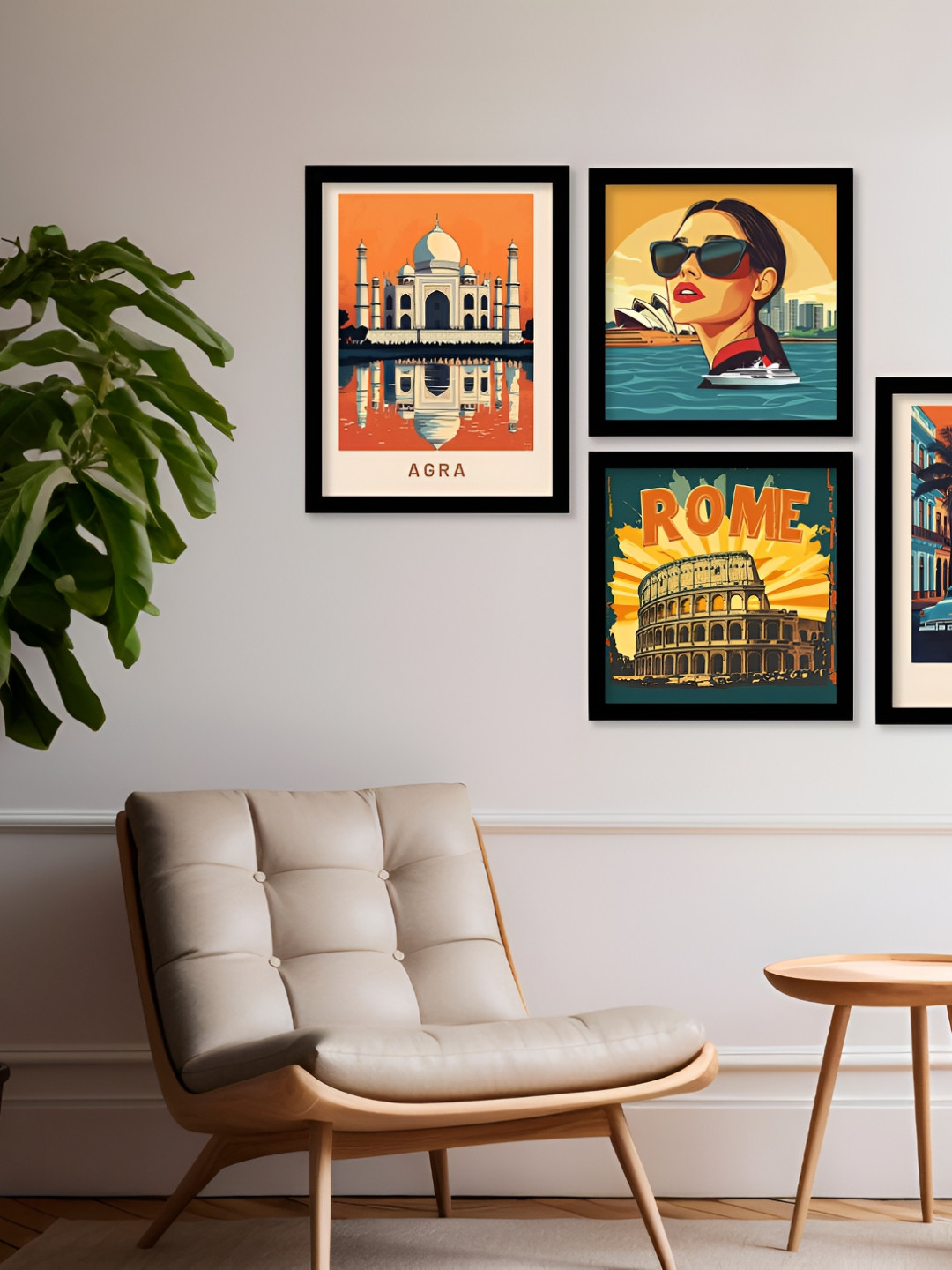 Kotart Brown Wood 4 Pcs Wall Living Room Square Potrait Paintings Wall Art -10 x 13In