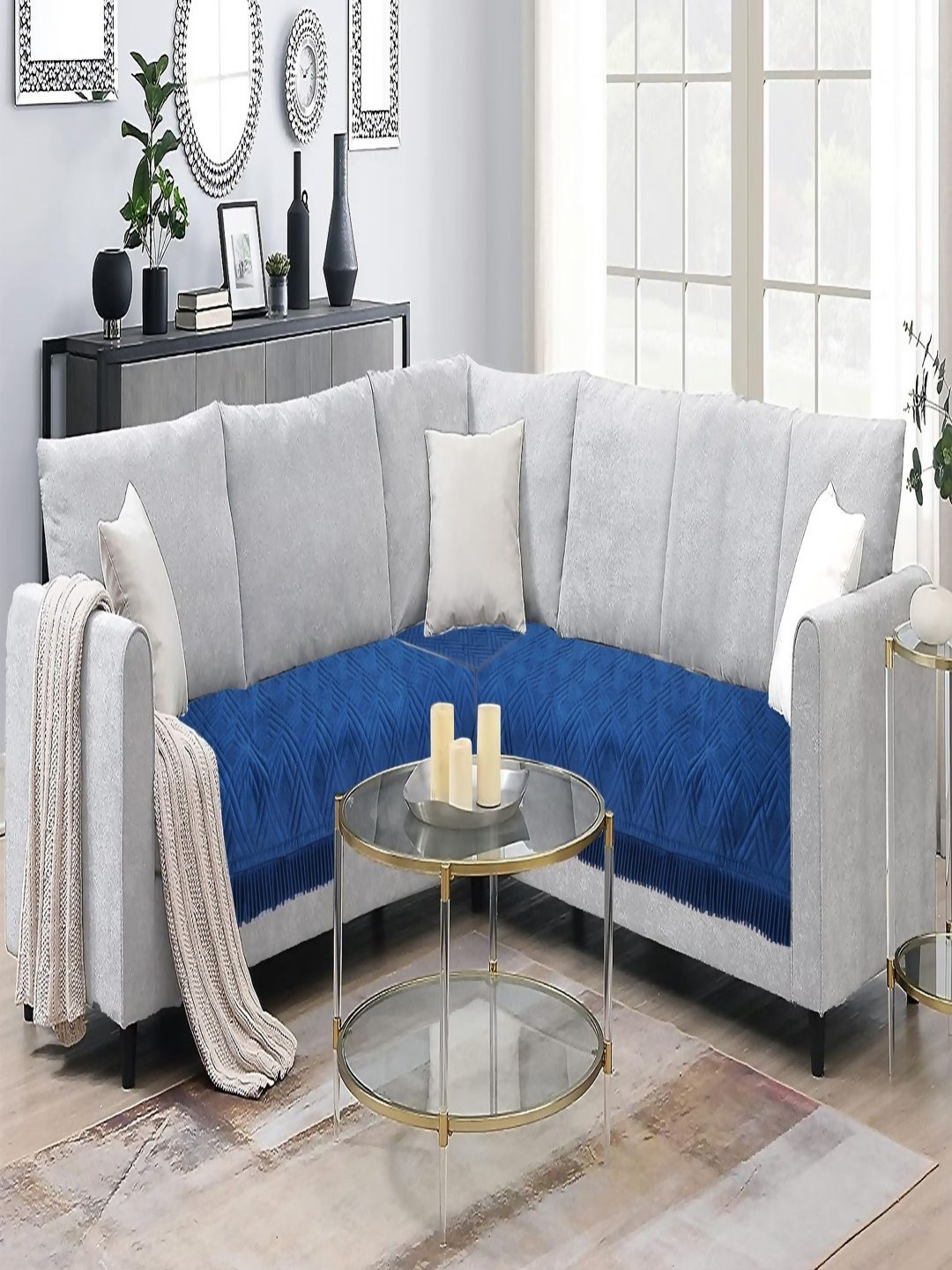 Fashion Throw Navy Blue 2 Pieces Self Design Velvet Sofa Cover