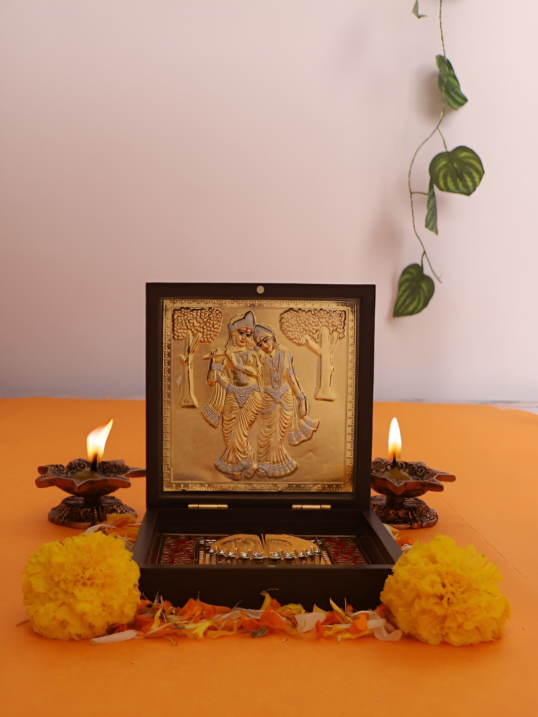 INTERNATIONAL GIFT Radha Krishna Frame with Charan Paduka Gold Metal Metallic Prayer Room Medium Showpiece - 4.5 Inches