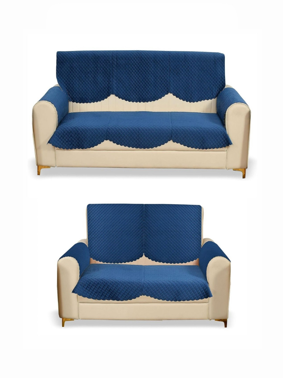 Fashion Throw Navy Blue 8 Pieces Quilted Five Seater Velvet Sofa Covers With Arms