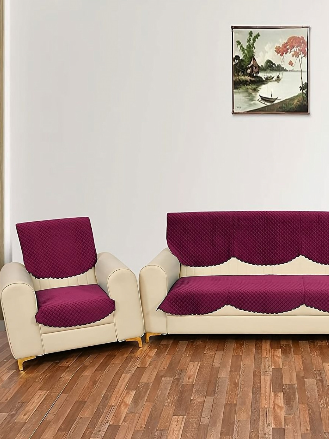 Fashion Throw Pink & Purple 5-Seater Checked Velvet Sofa Covers