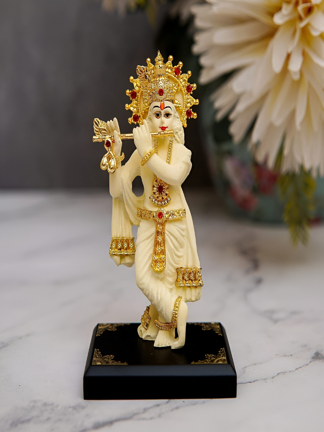 Craftlayout Lord Krishna Playing Flute Gold Polyresin Matte Prayer Room Medium Showpiece - 4 Inches