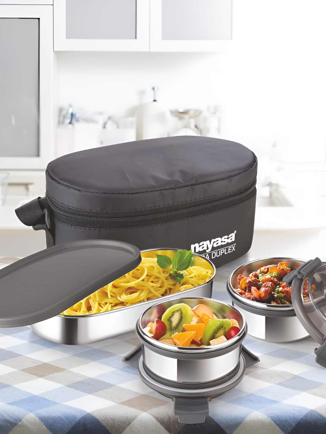 Nayasa Aqua Duplex Airtight Leakproof Stainless Steel 4PCs Lunch Box With Spoon and Fork