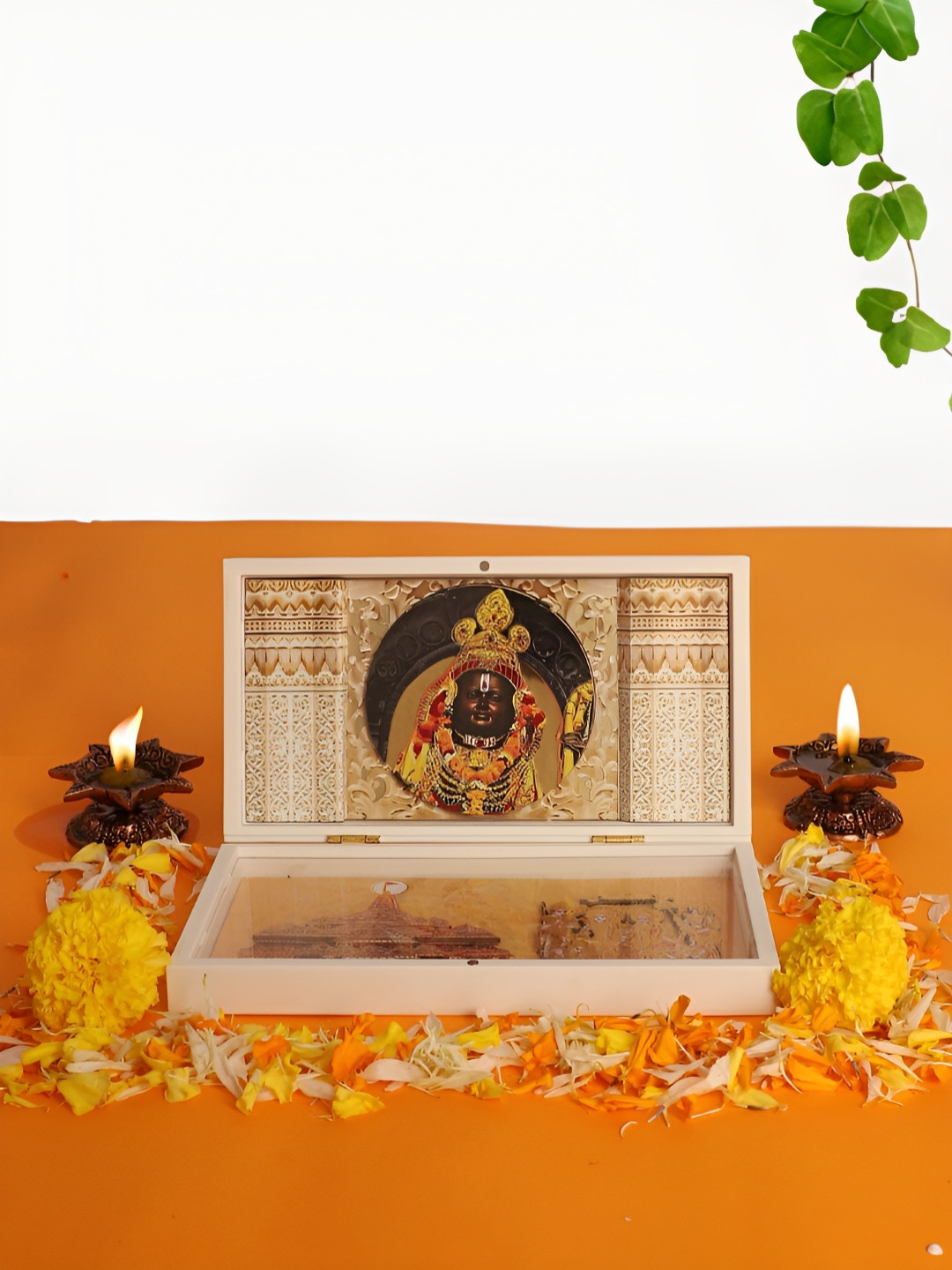INTERNATIONAL GIFT Shree Ram with Charan Paduka Box Gold Metal Metallic Prayer Room Portable Large Showpiece - 5 Inches