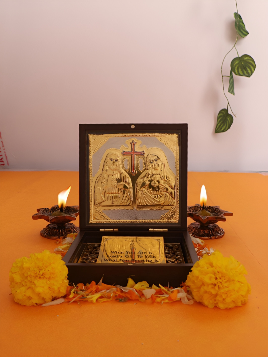 INTERNATIONAL GIFT Gold-Toned Merry & Jesus Frame with Sacred Inscription Pooja Essentials