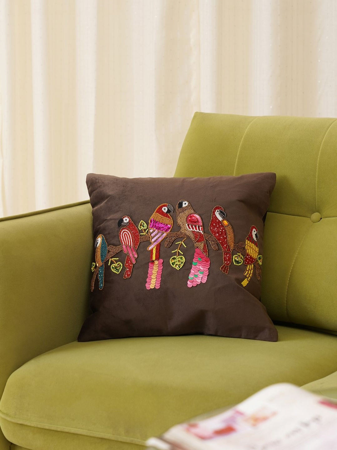 HOME 360 Brown & Red Parrot Quirky Embroidered Velvet Square Cushion Covers