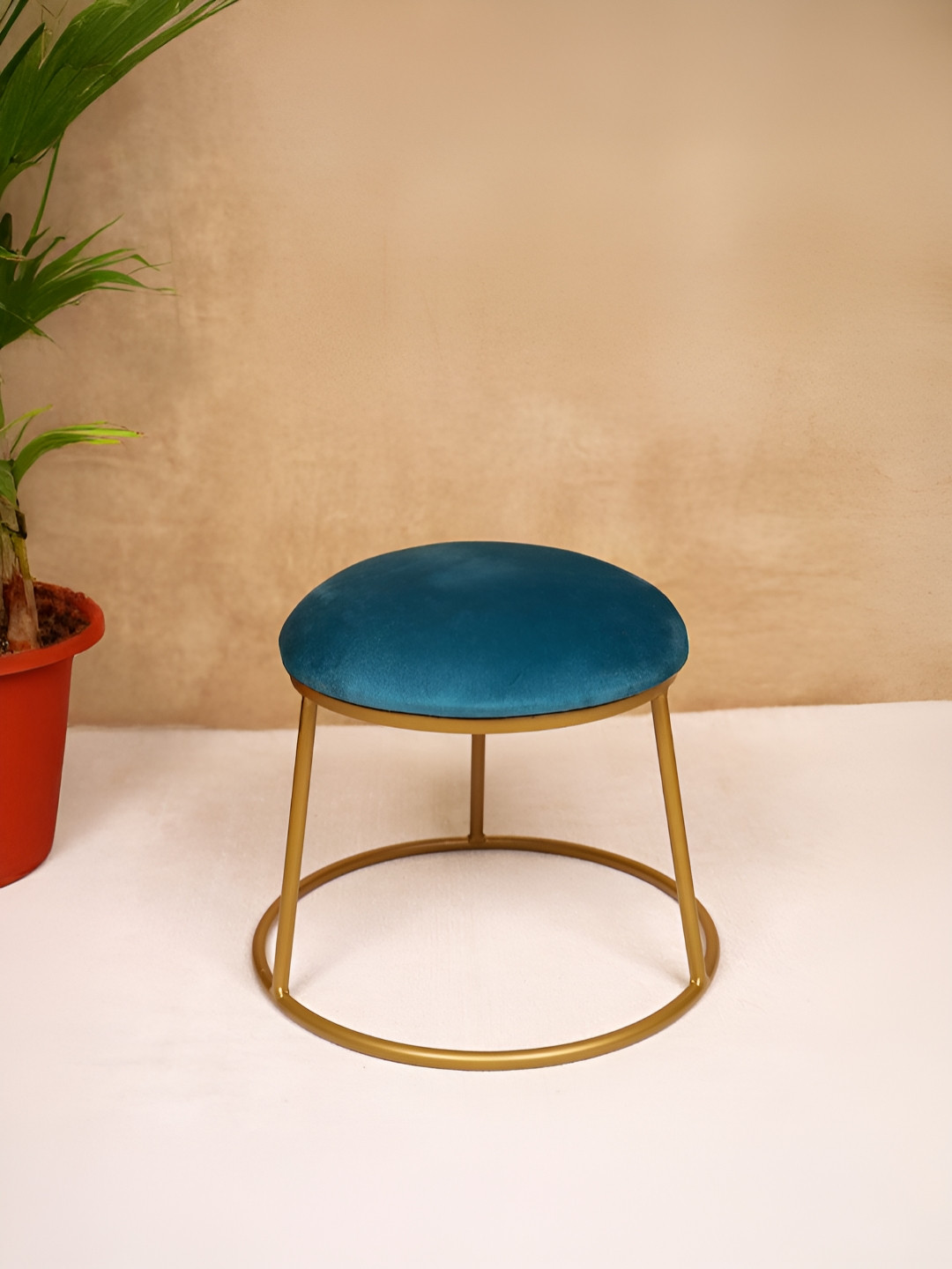 Decoghar Teal Green & Gold-Toned Round Shaped Upholstered Metallic Stool