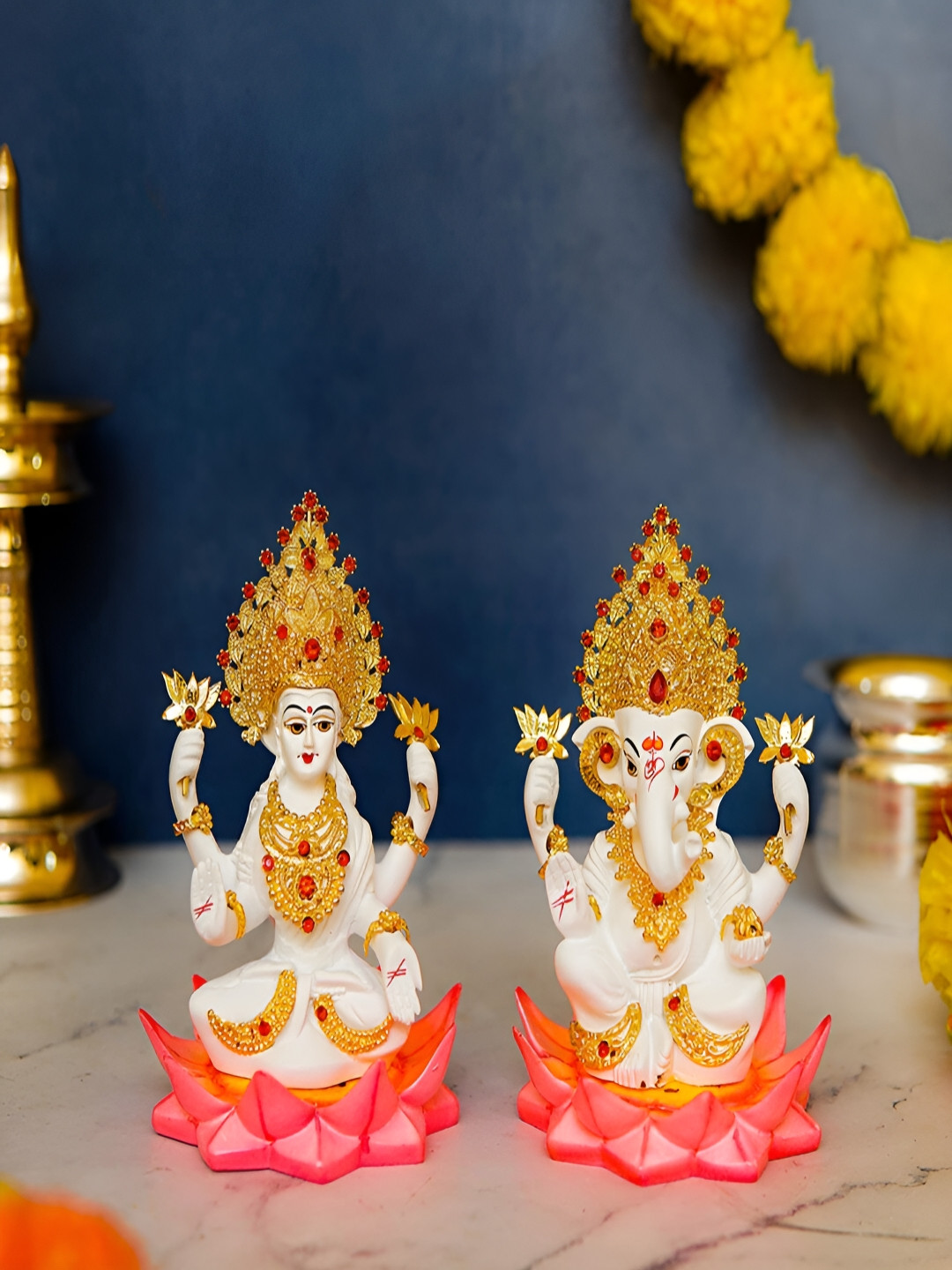 Craftlayout Laxmi Ganesha Sitting On Lotus Gold Polyresin Natural Prayer Room Medium Showpiece - 5 Inches