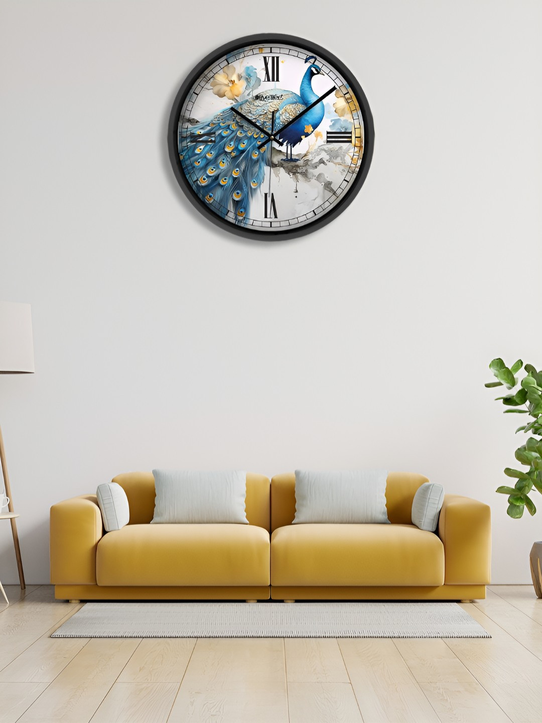 OLIVE TREE Black & Blue Peacock Printed Analogue Contemporary Wall Clock