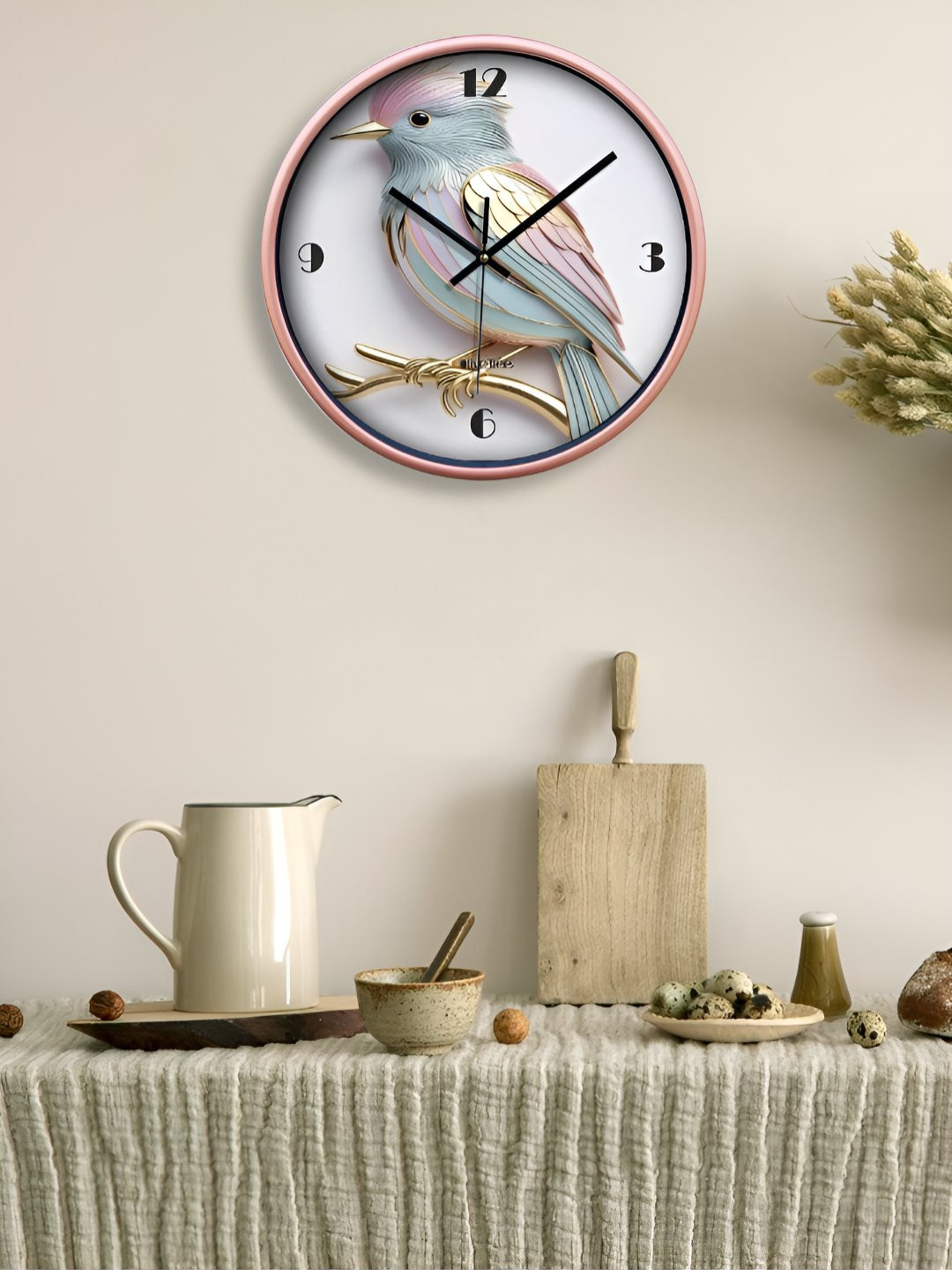 OLIVE TREE Copper-Toned & Blue Sparrow Printed Round Shaped Contemporary Wall Clock