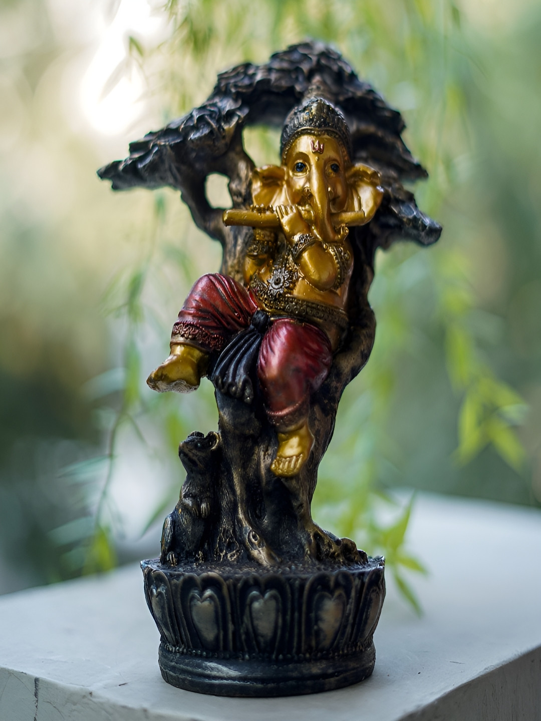 Craftlayout Lord Ganesh Murti Sitting on Tree Gold Polyresin Natural Prayer Room Medium Showpiece - 16 Inches