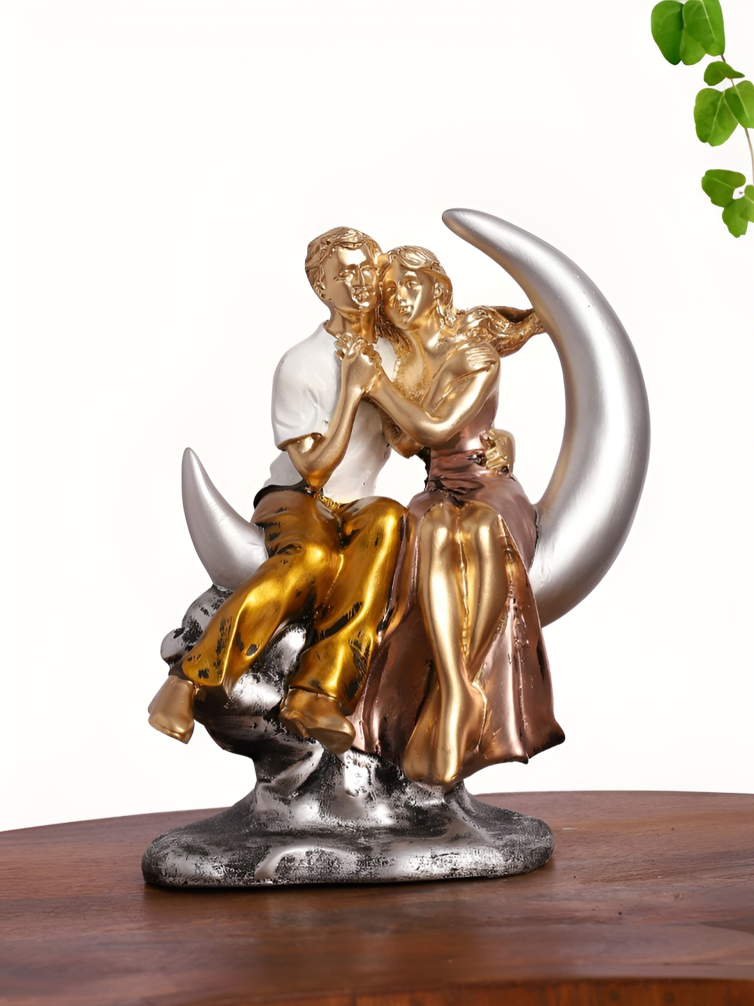 INTERNATIONAL GIFT Romantic Couple Sitting on Moon Gold Polyresin Matte Living Room Small Showpiece - 7 Inches
