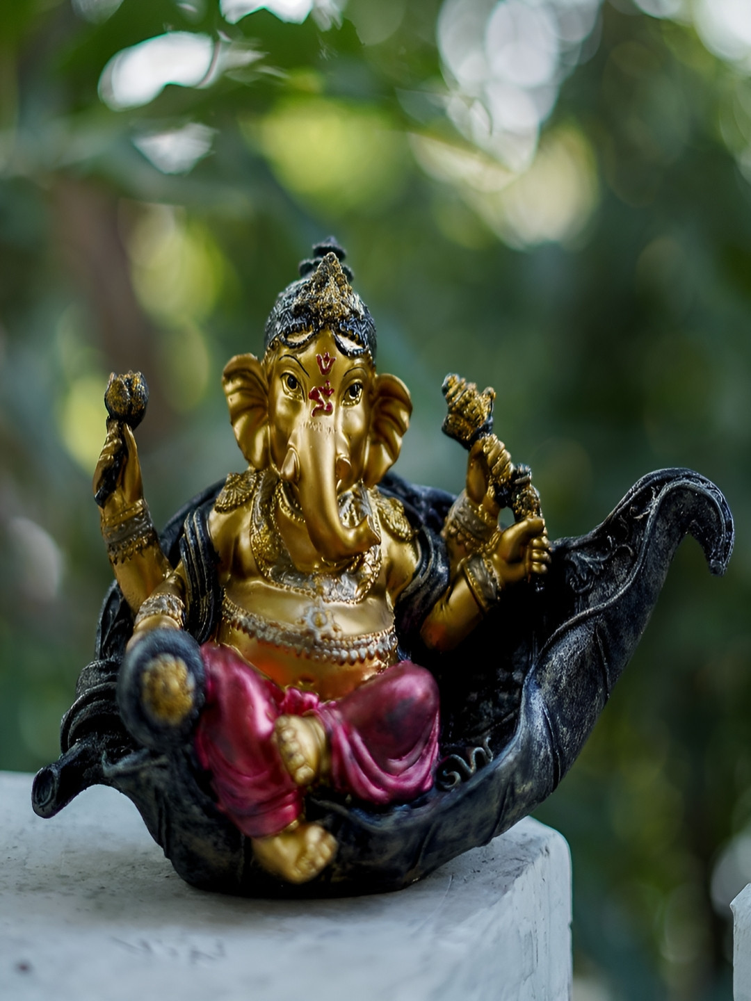 Craftlayout Sitting on Shankh Lord Ganesha Gold Polyresin Matte Prayer Room Hand-Crafted Medium Showpiece - 16 Inches